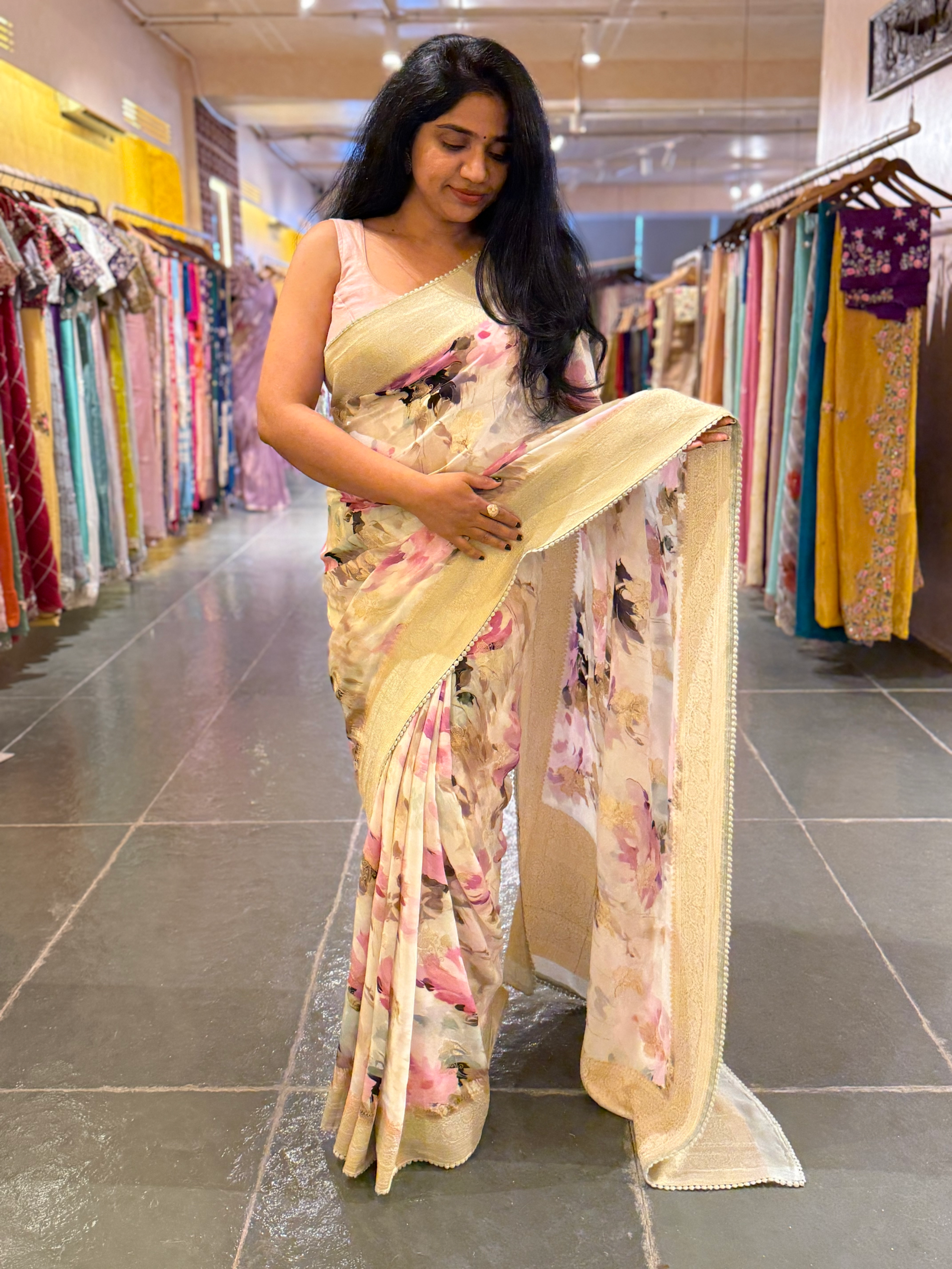 Banarasi Khaddi Gorgette Sarees with Floral Prints hemlined with crotia lace