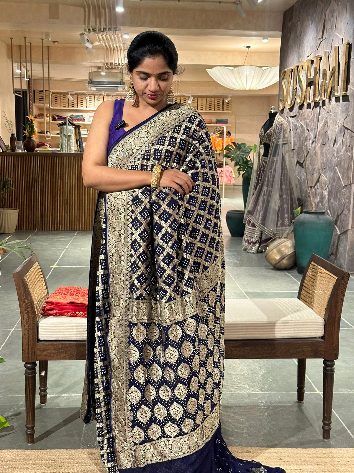 Midnight blue banarsi khaddi georgette handmade bandhej work