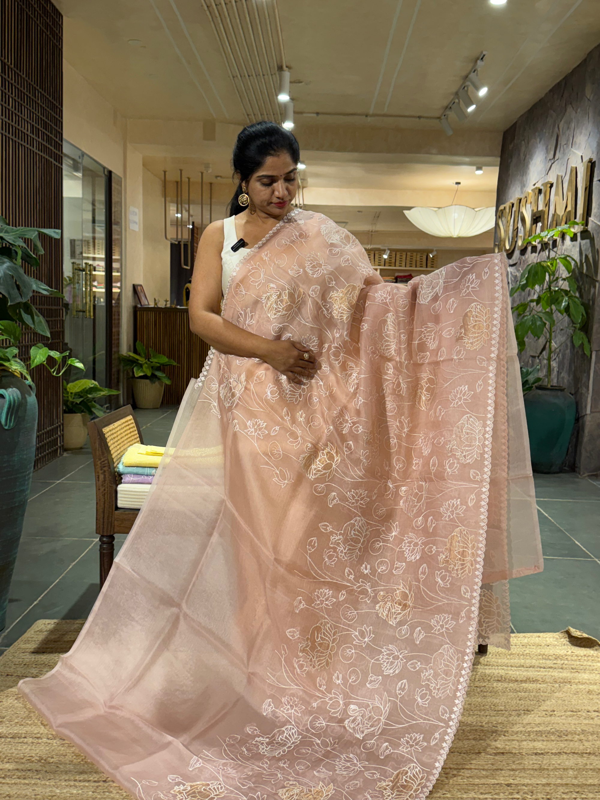 SOAA1606 : Nude Pink Organza Saree with Allover Pichwai Applique Embroidery