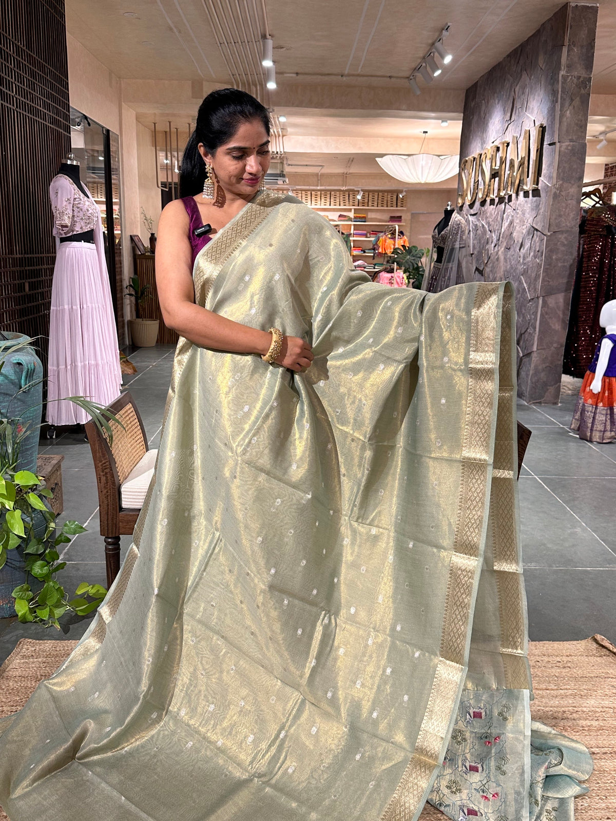 Light mint Green Cotton Tissue Saree with allover  Embroidery Blouse
