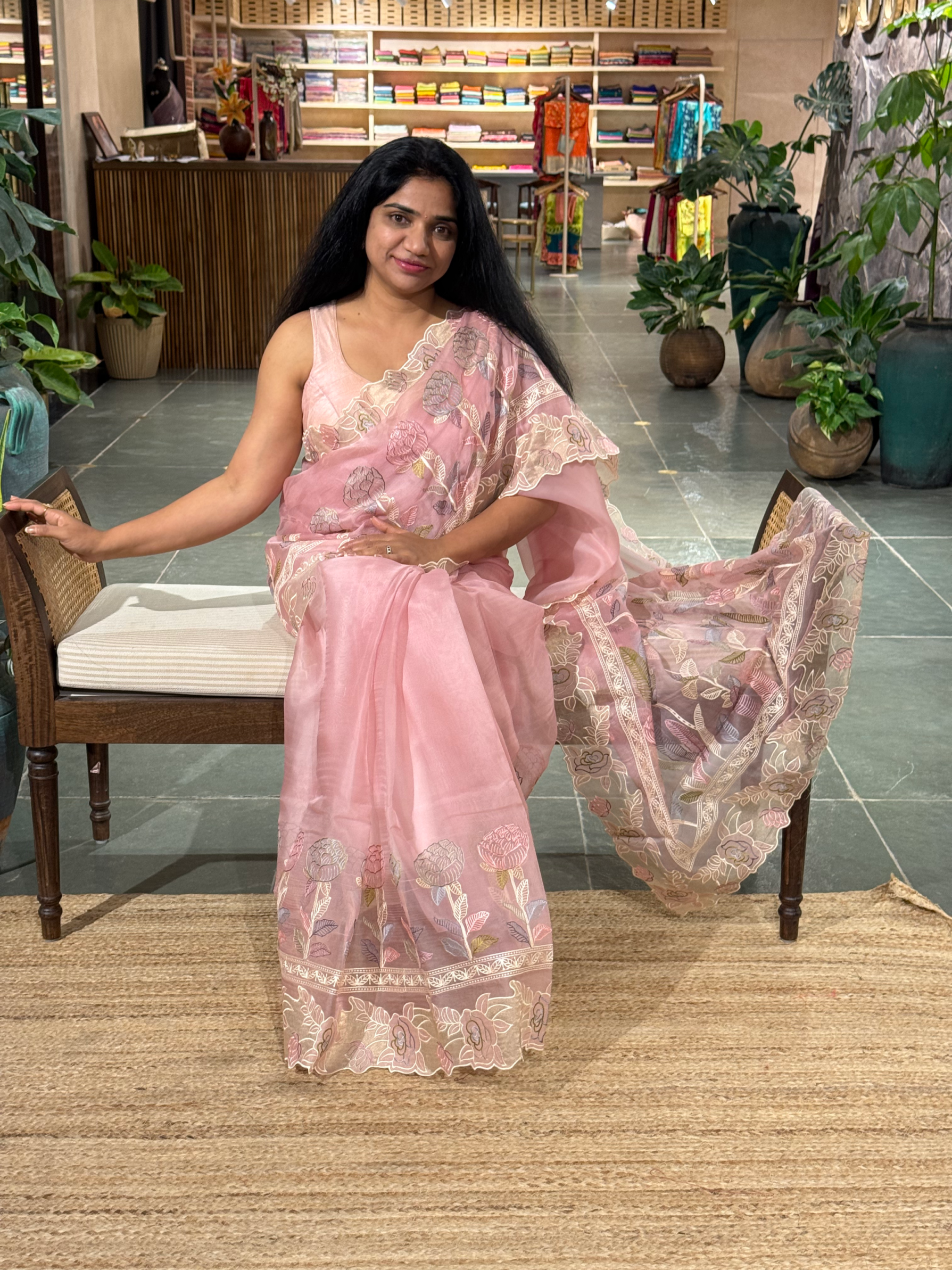 Blush Pink Pure Organza Saree with embroidered and cutwork borders