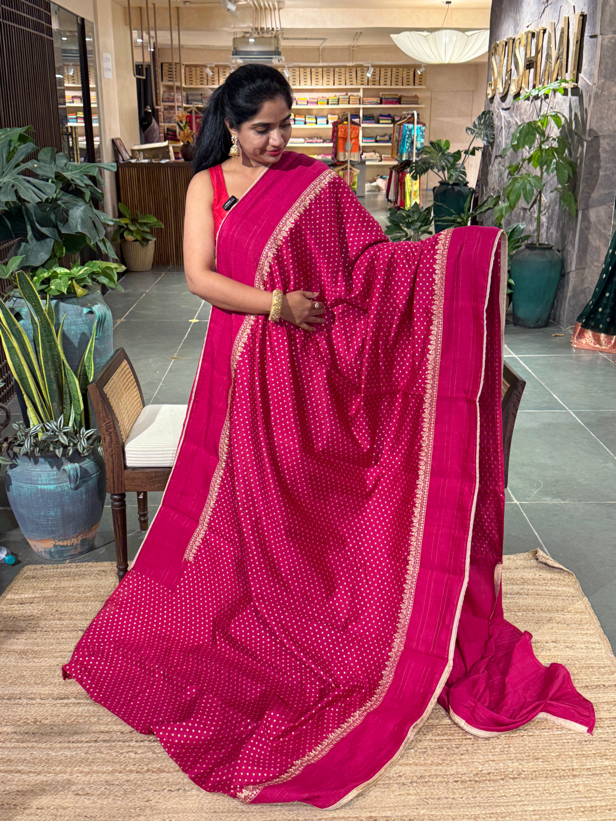 Dark Pink Chiniya Silk Saree with Embroidery Border & Applique Creeper Pallu