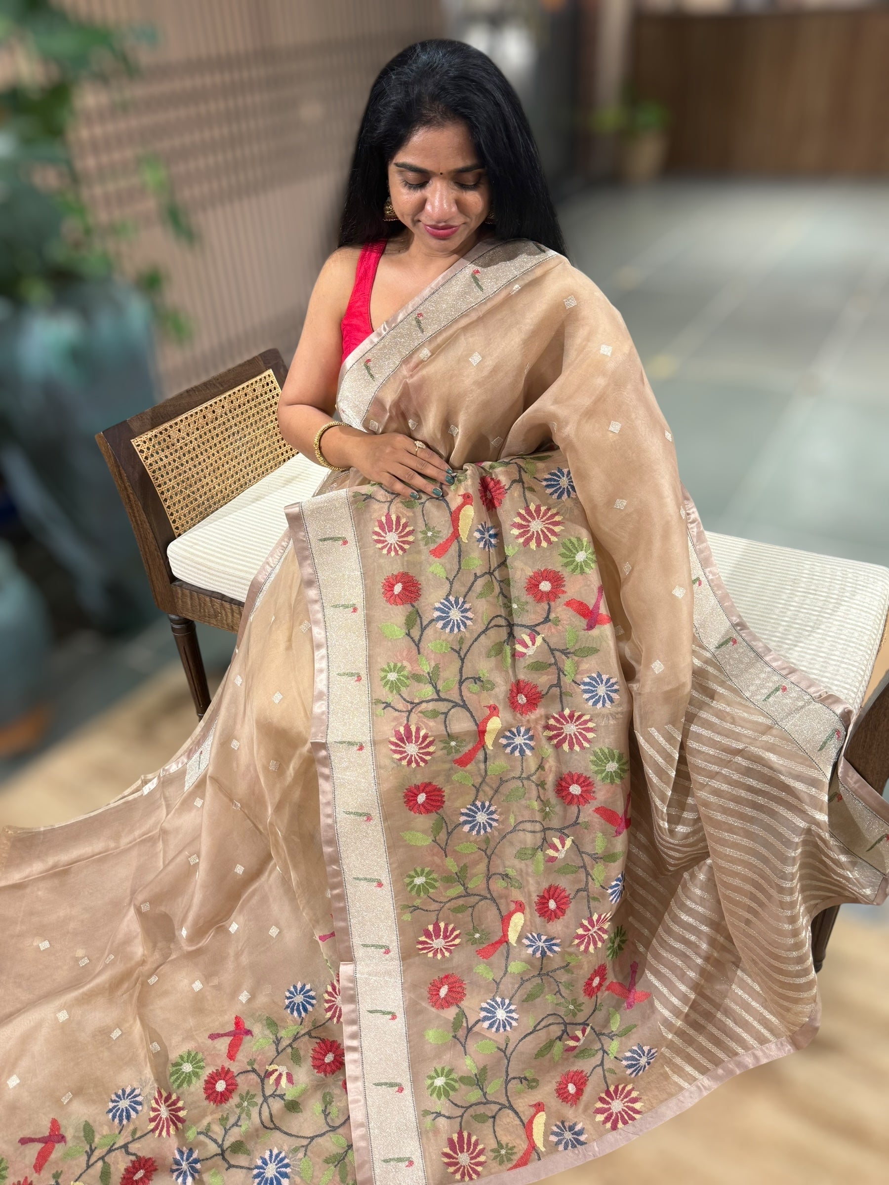 Pastel Emglish Brown Organza Silk Saree With Jamdani Inspired Embroidery