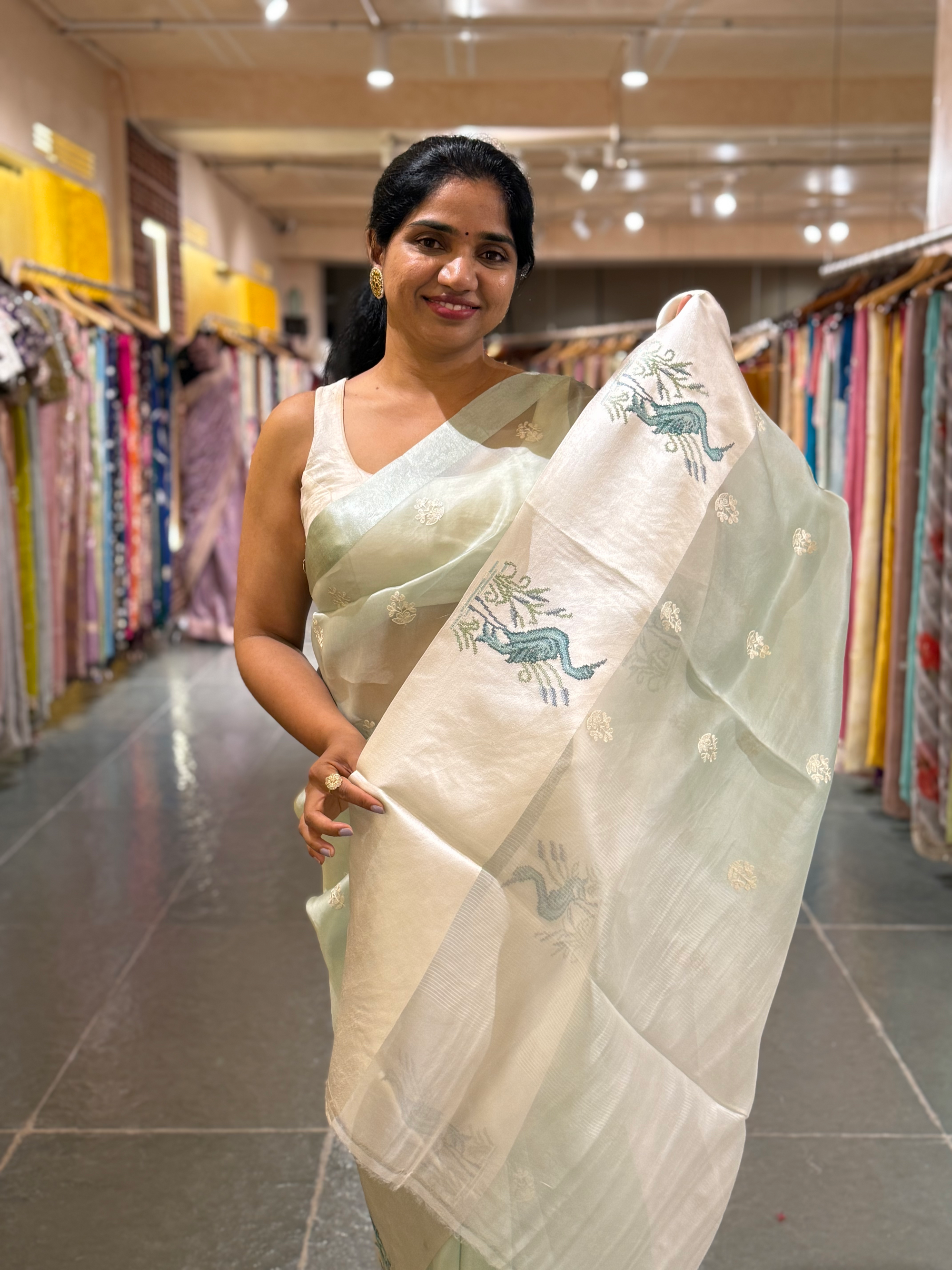 Mint Pure Organza Silk Saree with Petite Point Embriodered Swans Mashru Borders