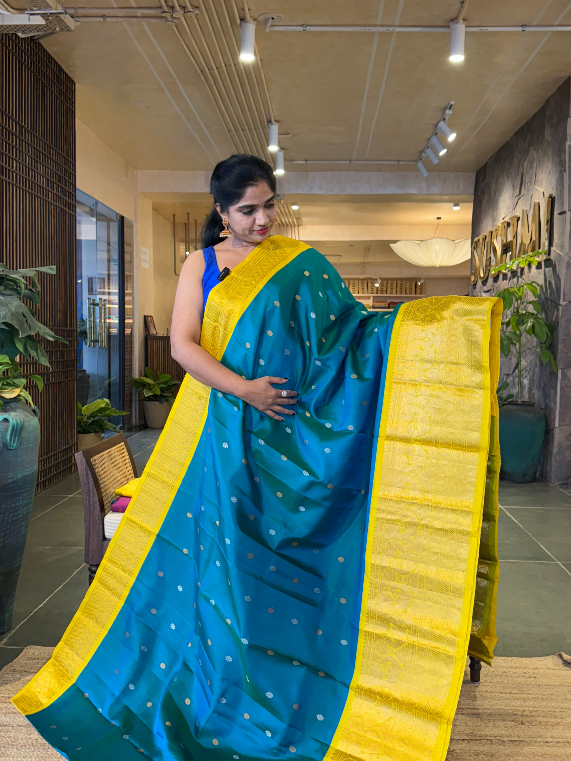 SGSA206 Peacock Blue and yellow Combo Gadwal Handloom Pure Silk Saree