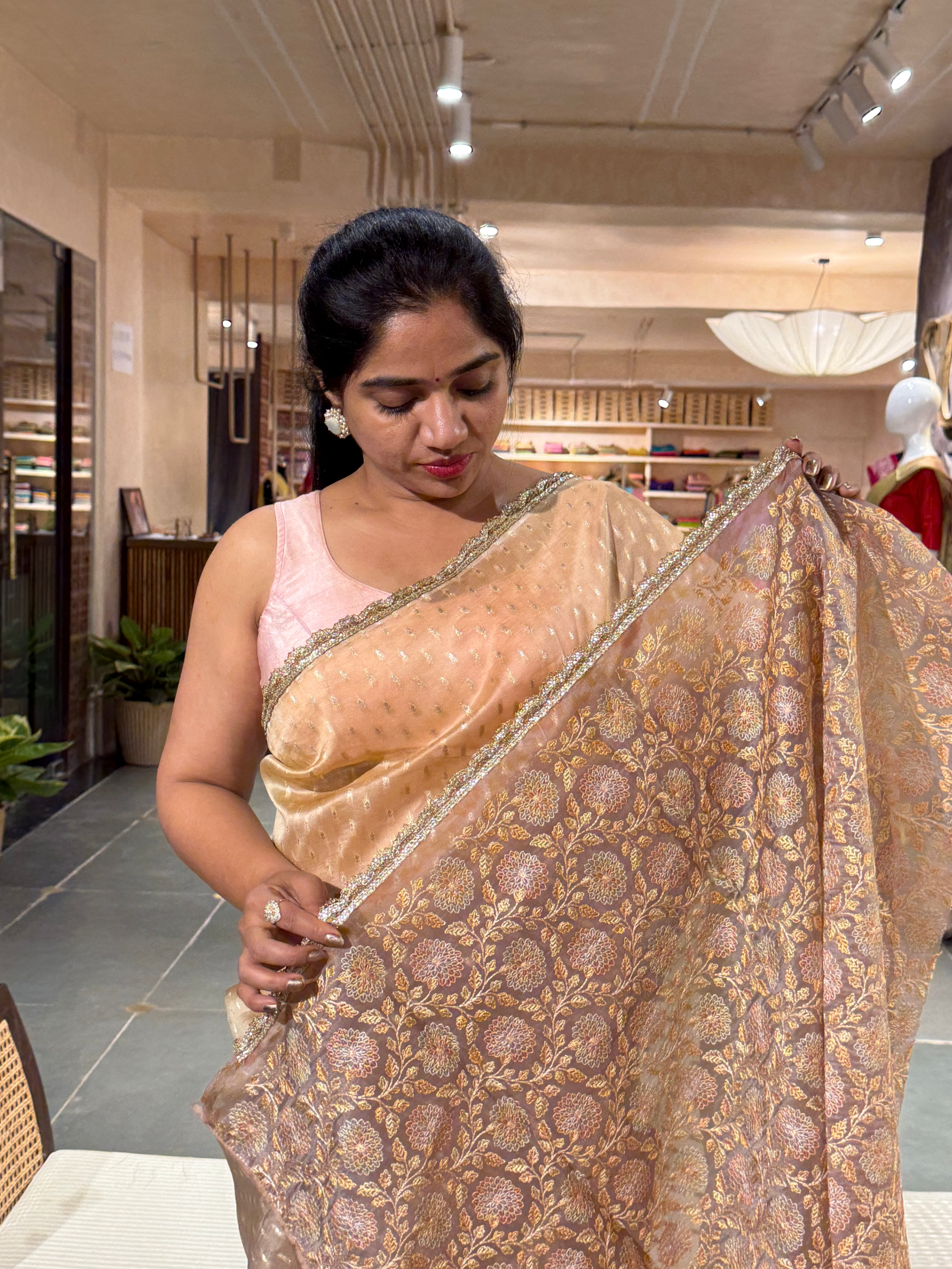 Ombre Dyed Pure Organza Saree with allover zari butis and  Embroidered Blouse