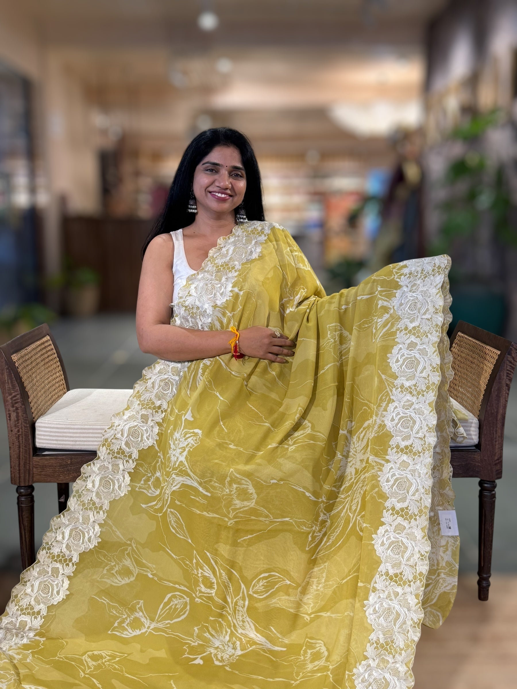 Lemon Gorgette Printed Saree With Chatilly Lace Style Cutwork embroidered Border