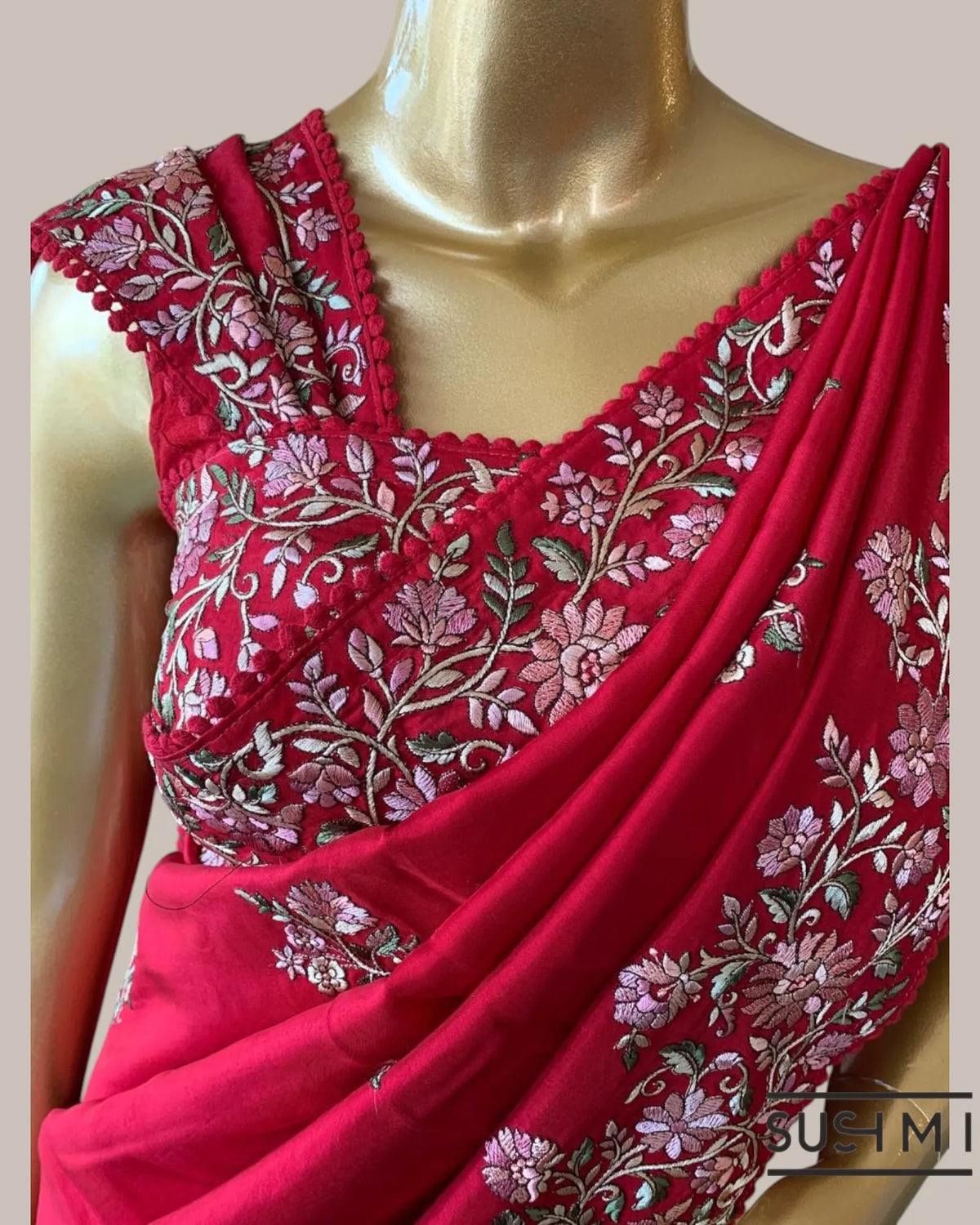 Ruby Red FallingTussar Saree with beautiful multi color embroidered border heml