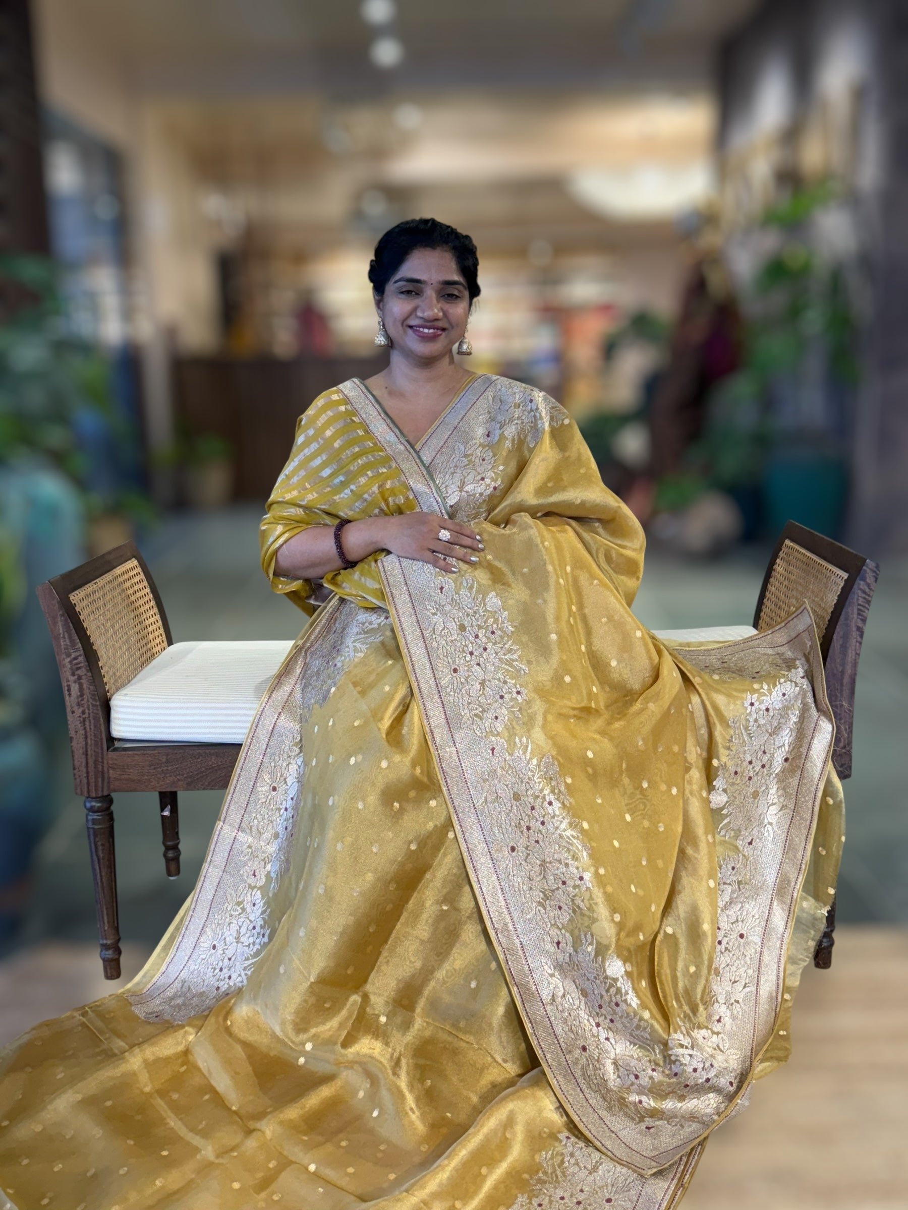 Yellow Banarasi Tissue Saree With Heavy Tissue Embriodered Border & Stripes BP