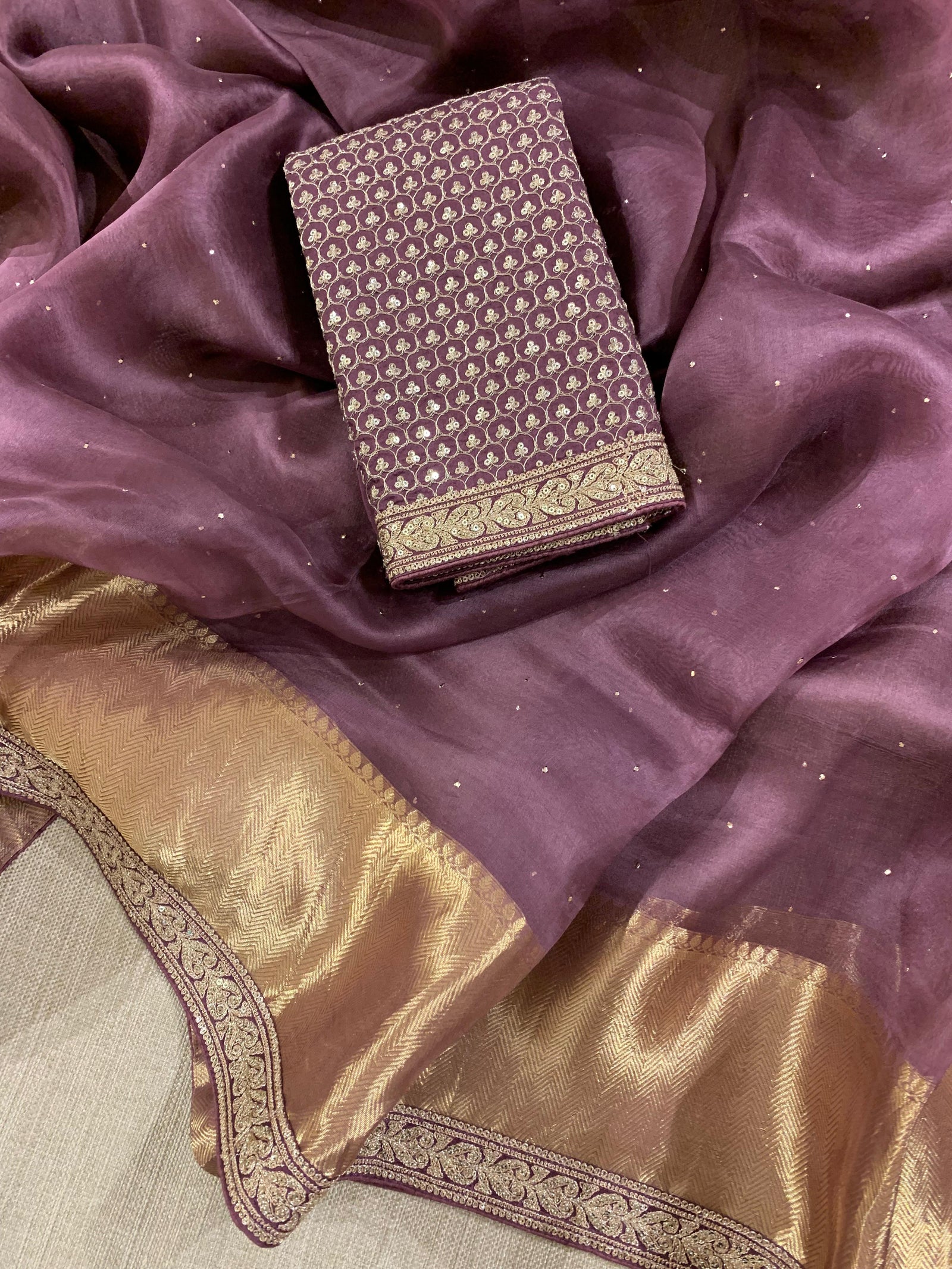 SK1091412ORG:Brownish Wine Kanchi Kora Saree with allover mukaish handwork