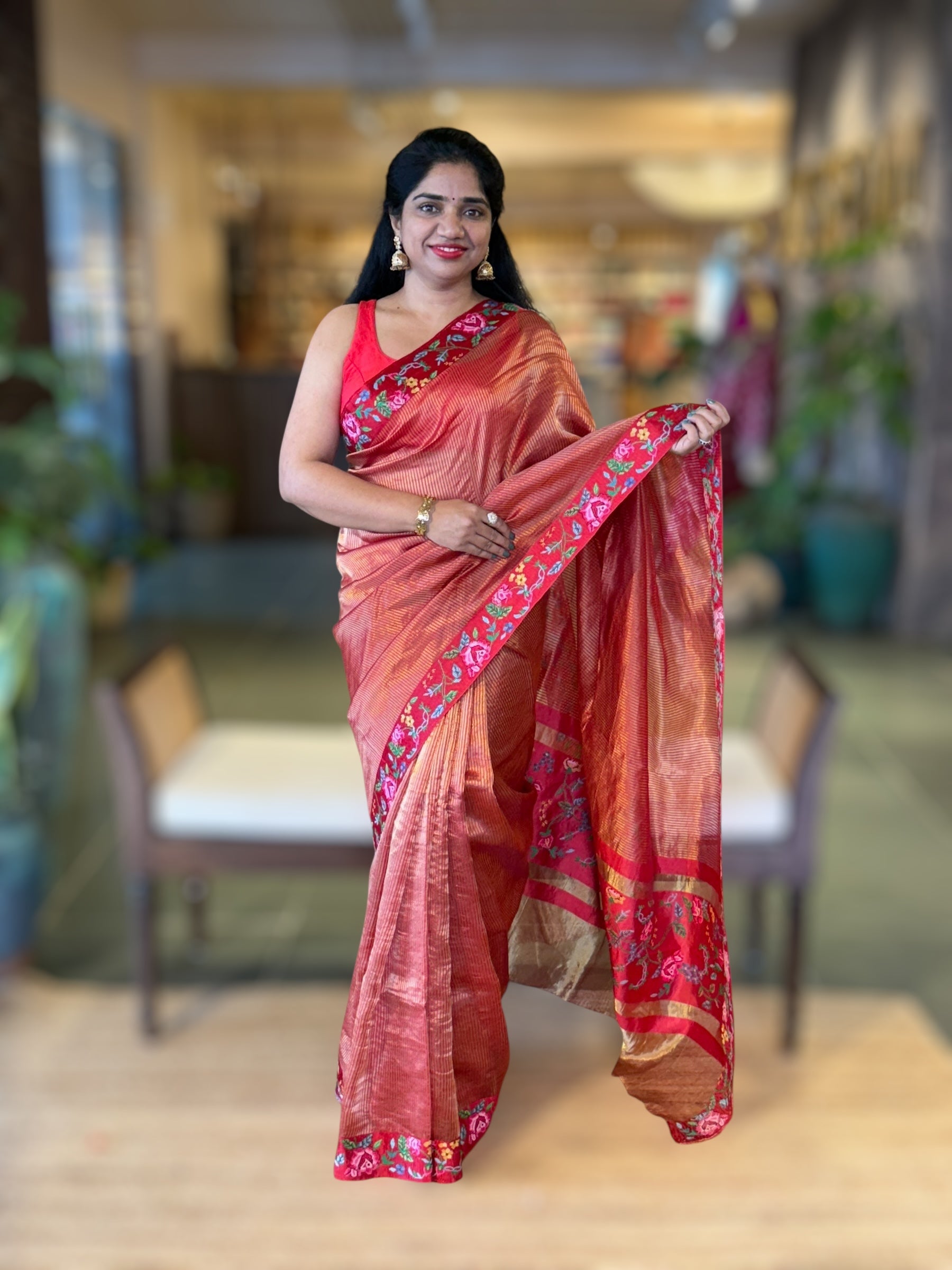 Red Kora Tissue Stripes Saree with Petite Point Embroidered Border Pallu & BP