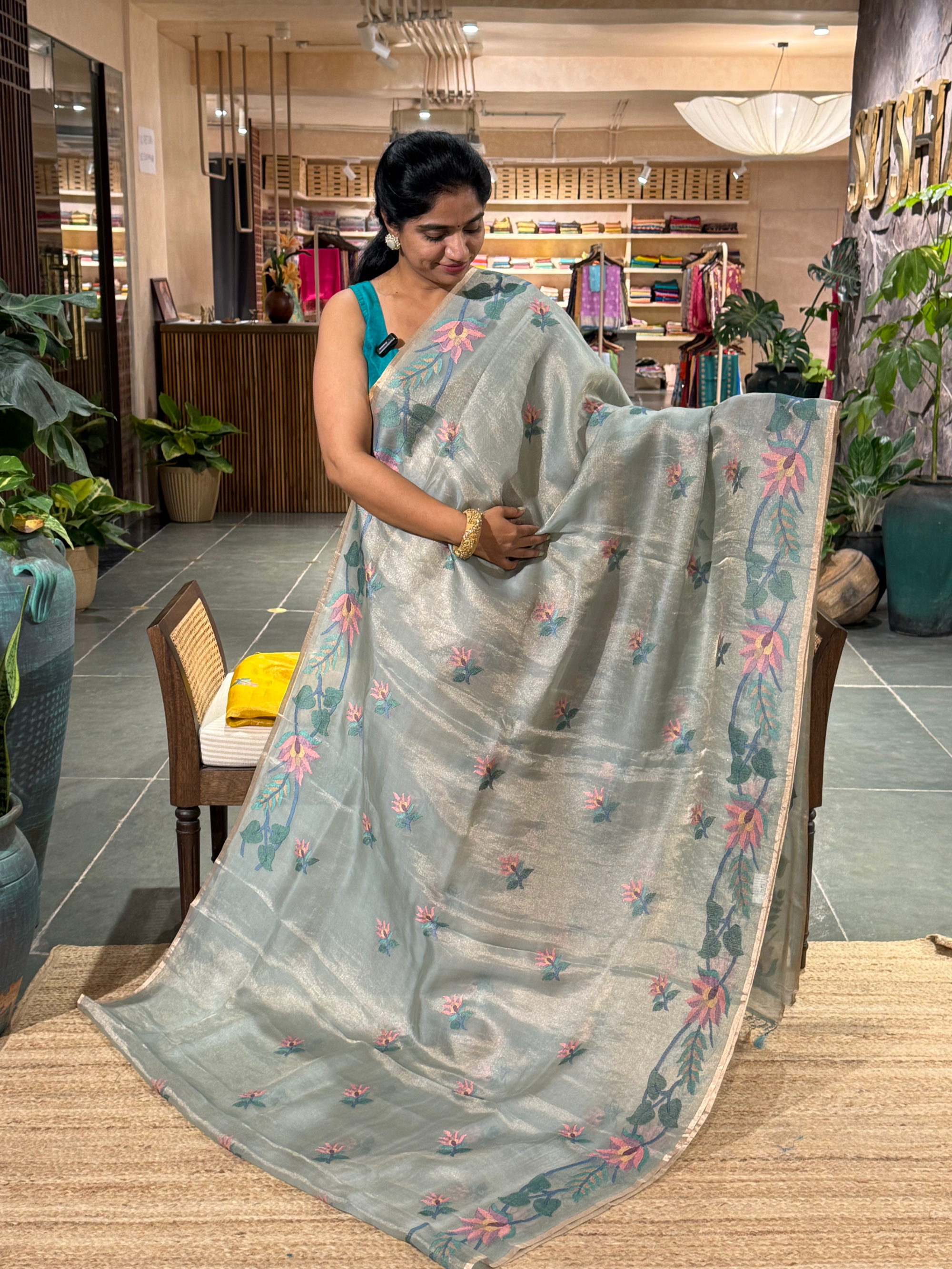 STJA209 :  Light Sea Blue Tissue With Jamdani Look Embroidery