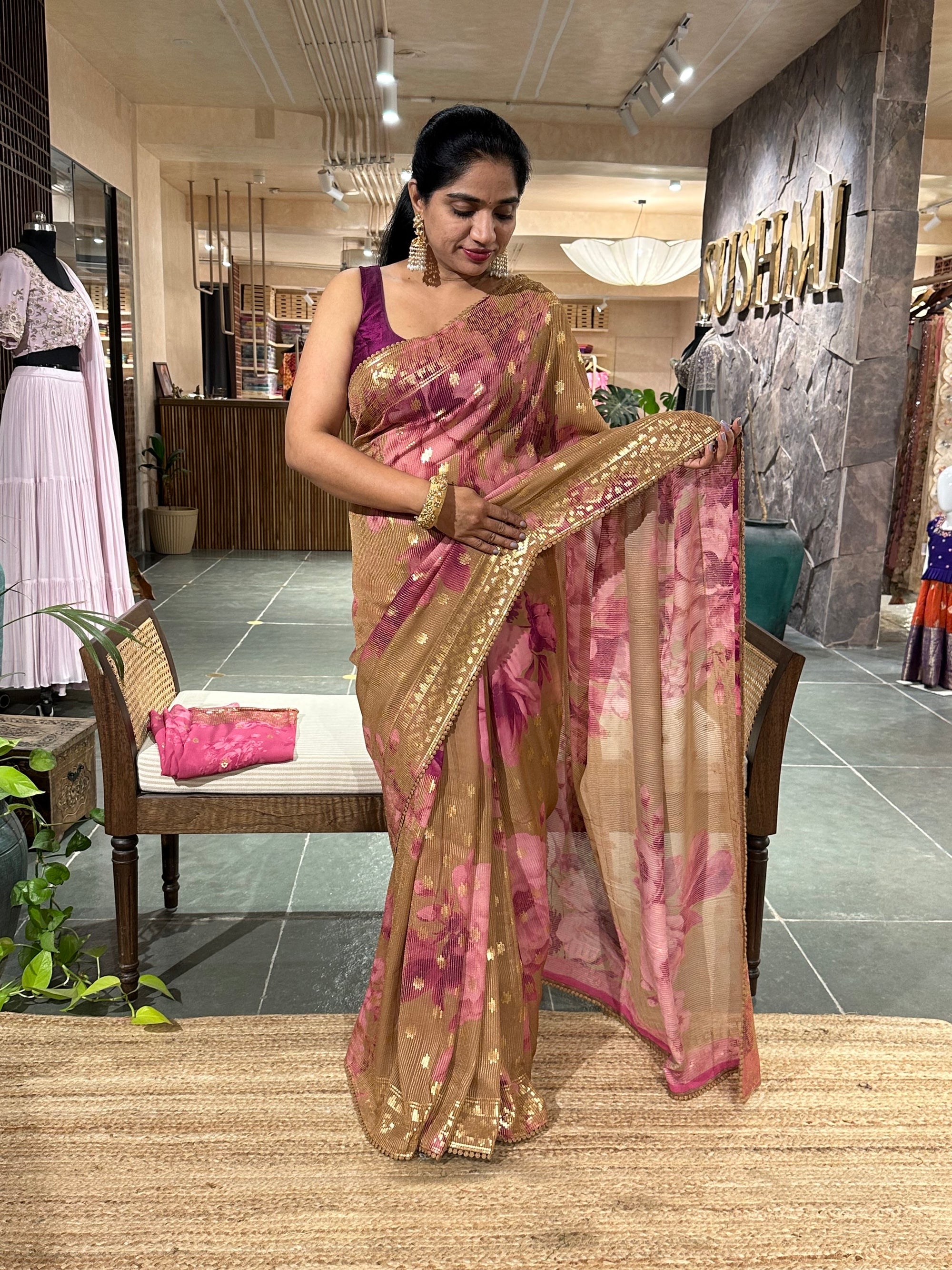 Floral Sequnce Saree In Sabhyasachi Style With Statement Floral Print