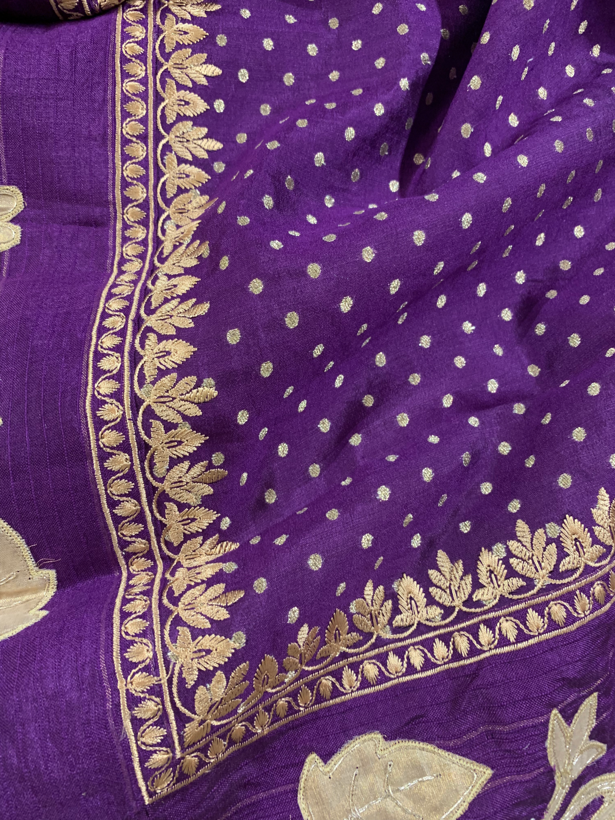 Brinjal Chiniya Silk Saree with Embroidery Border & Applique Creeper Pallu