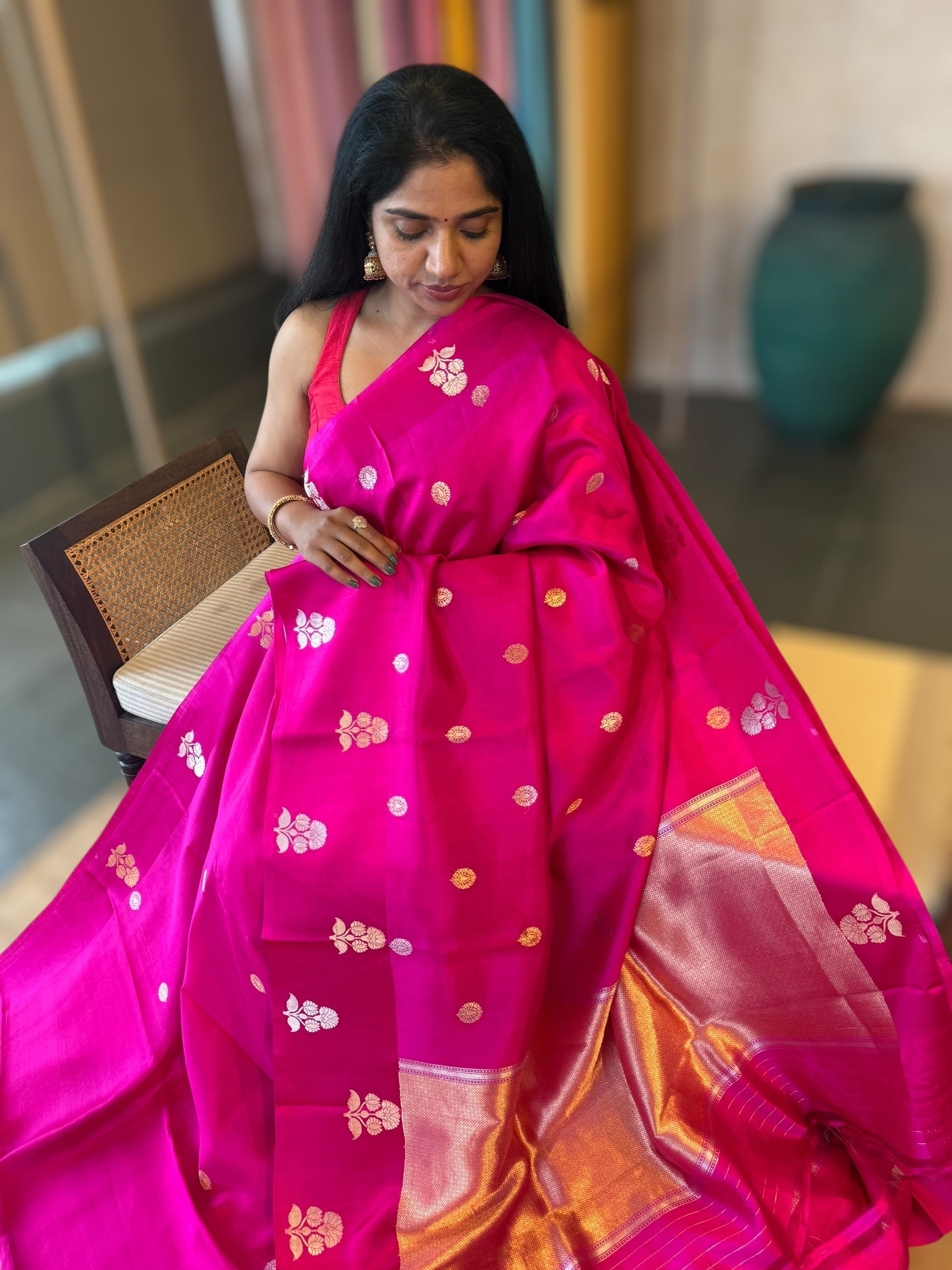 Rani Pink Banarasi Raw Mango Silk Saree with Open Borders & Kaduwa Woven Motifs