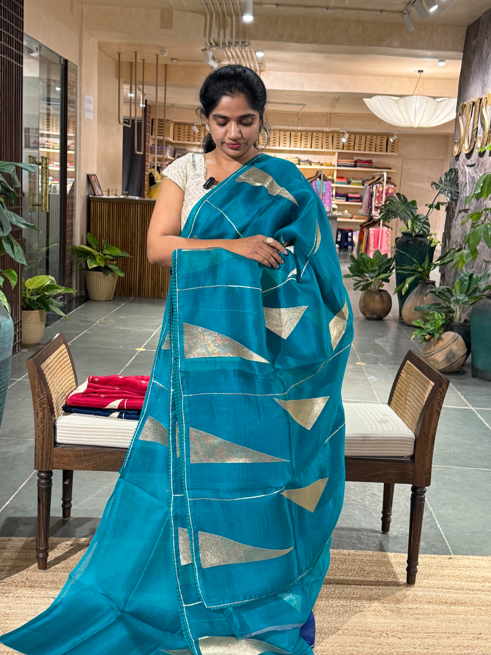 SOCA105 Teal Pure Organza Silk Saree in contemporary style