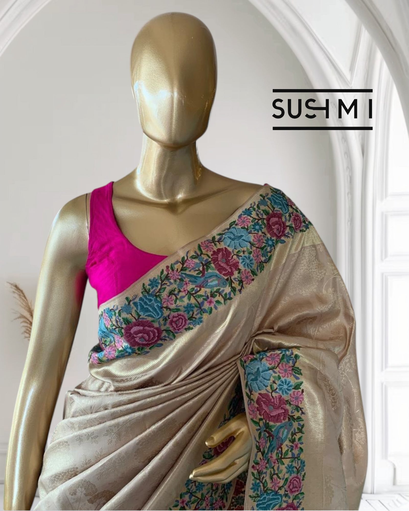 Wheat Tone  Pure  Kanchi Brocade Saree with Petite Point Embroidery