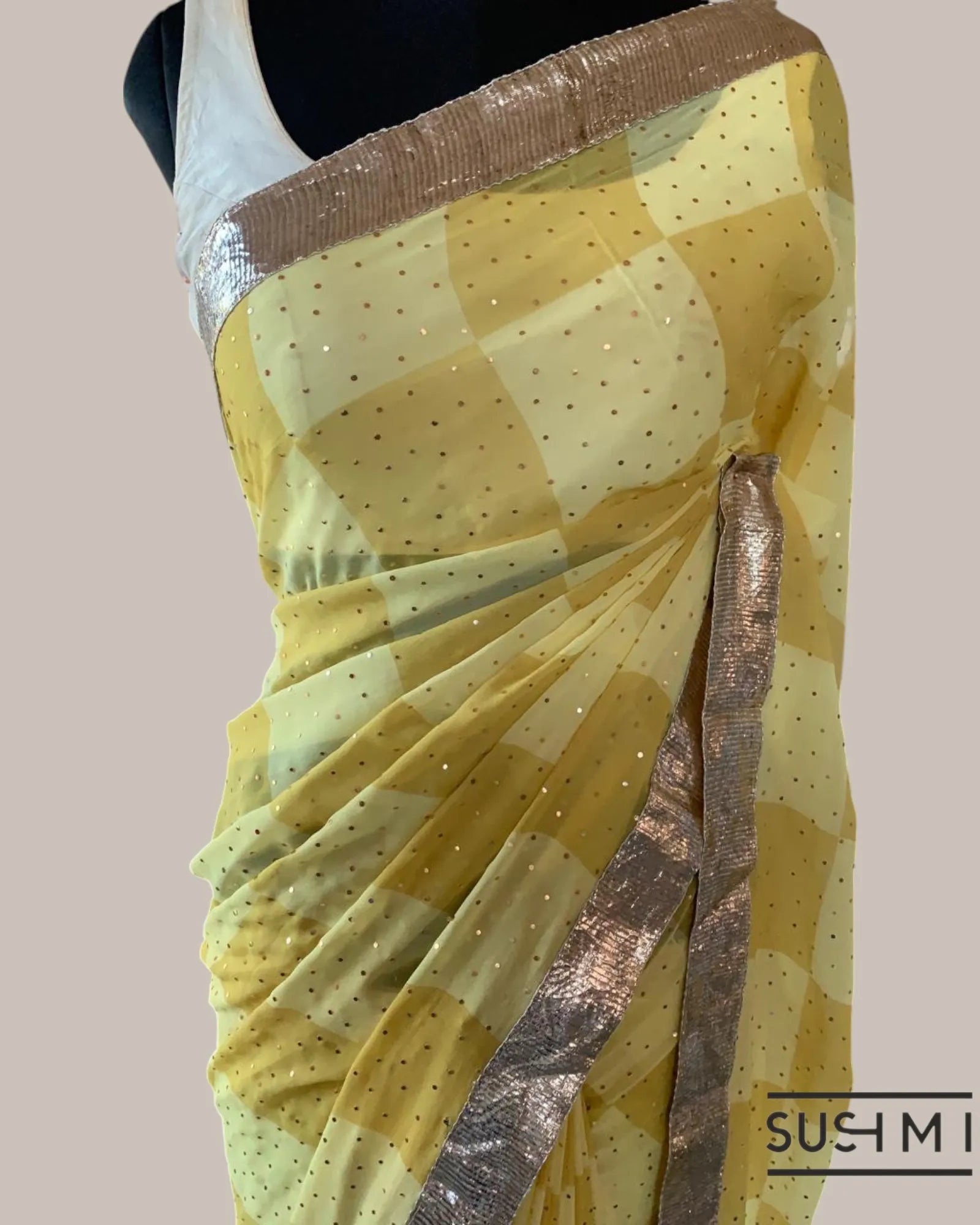 Pure Gorgette Saree in Checks Pattern , Allover Seuence & Hemlined Wth Gota lace