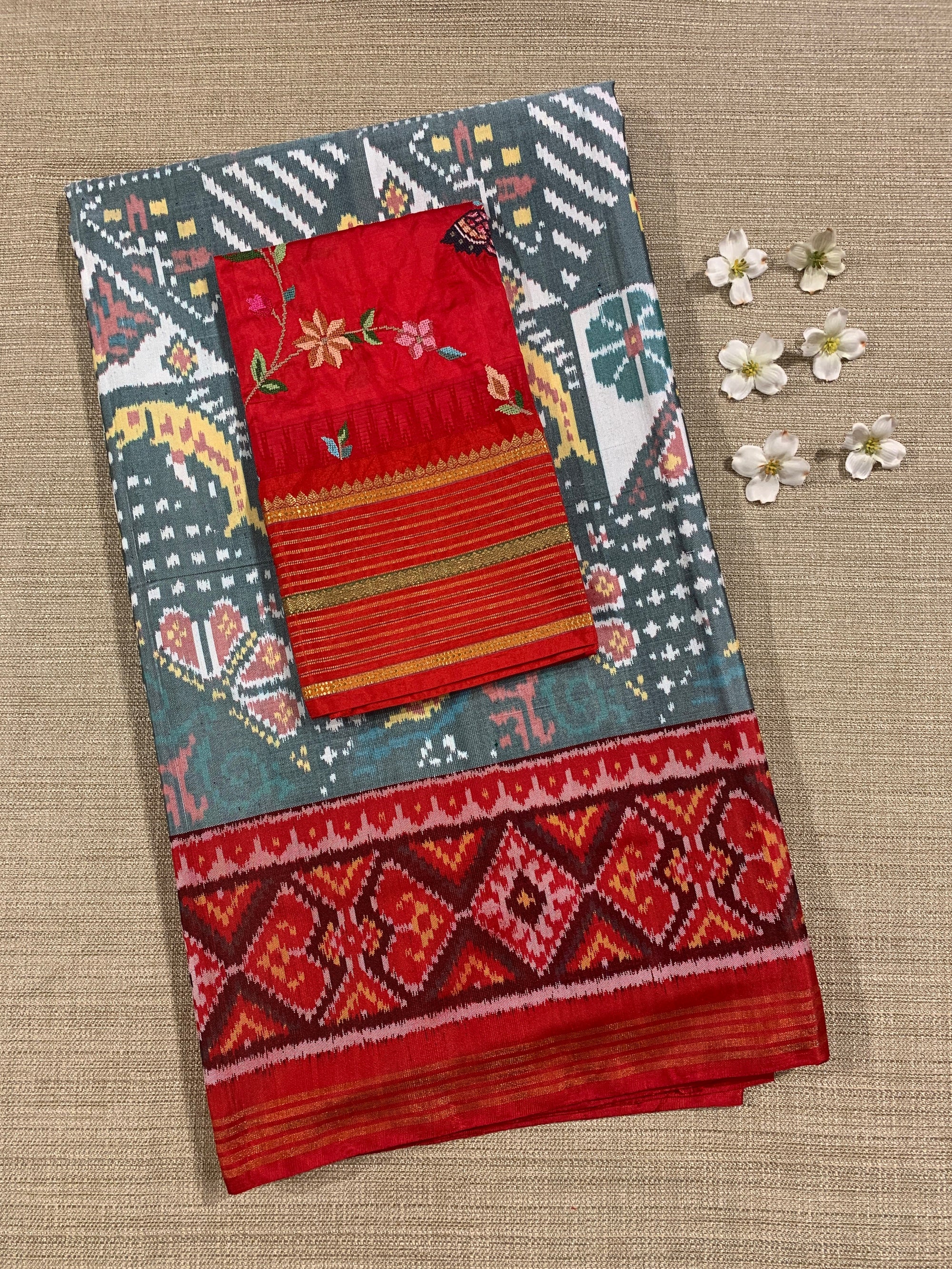 Light Blue and  Red Combo Pure Patan Patola Saree with Unique Concept Body