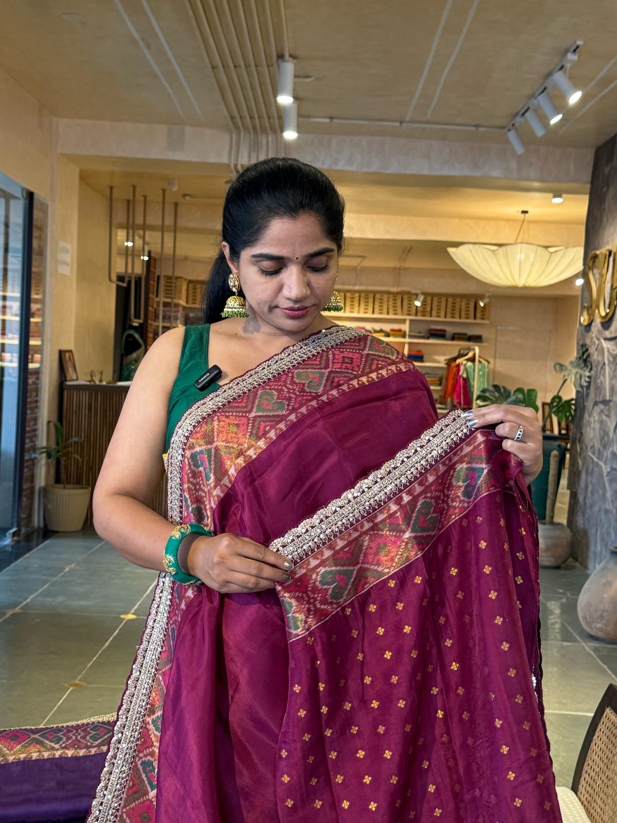 S2304: Tussar silk saree with Patola borders and Sabhyasachi-style