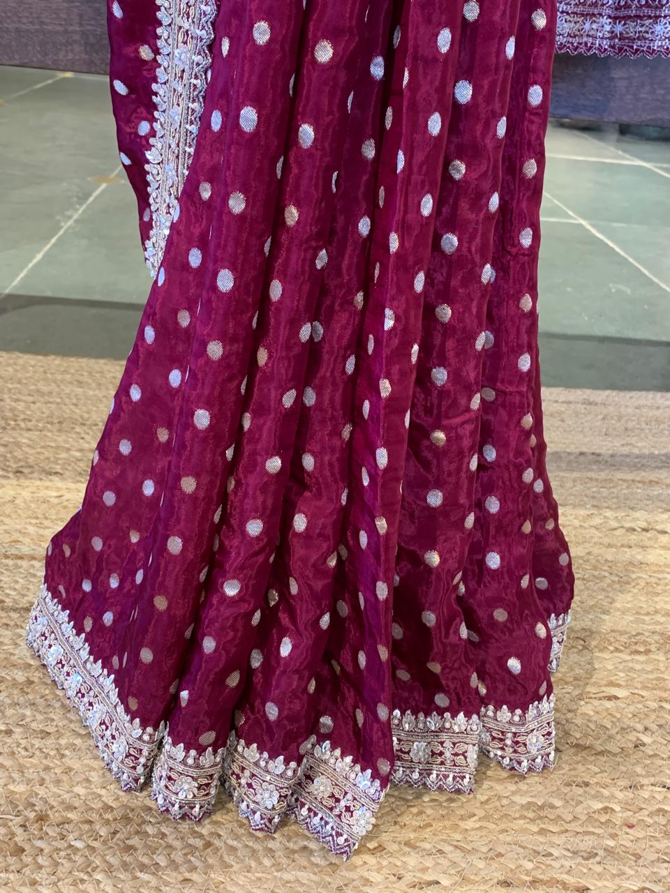 Wine Satin Gorgette Saree with Handwork border and blouse and allover zari butis