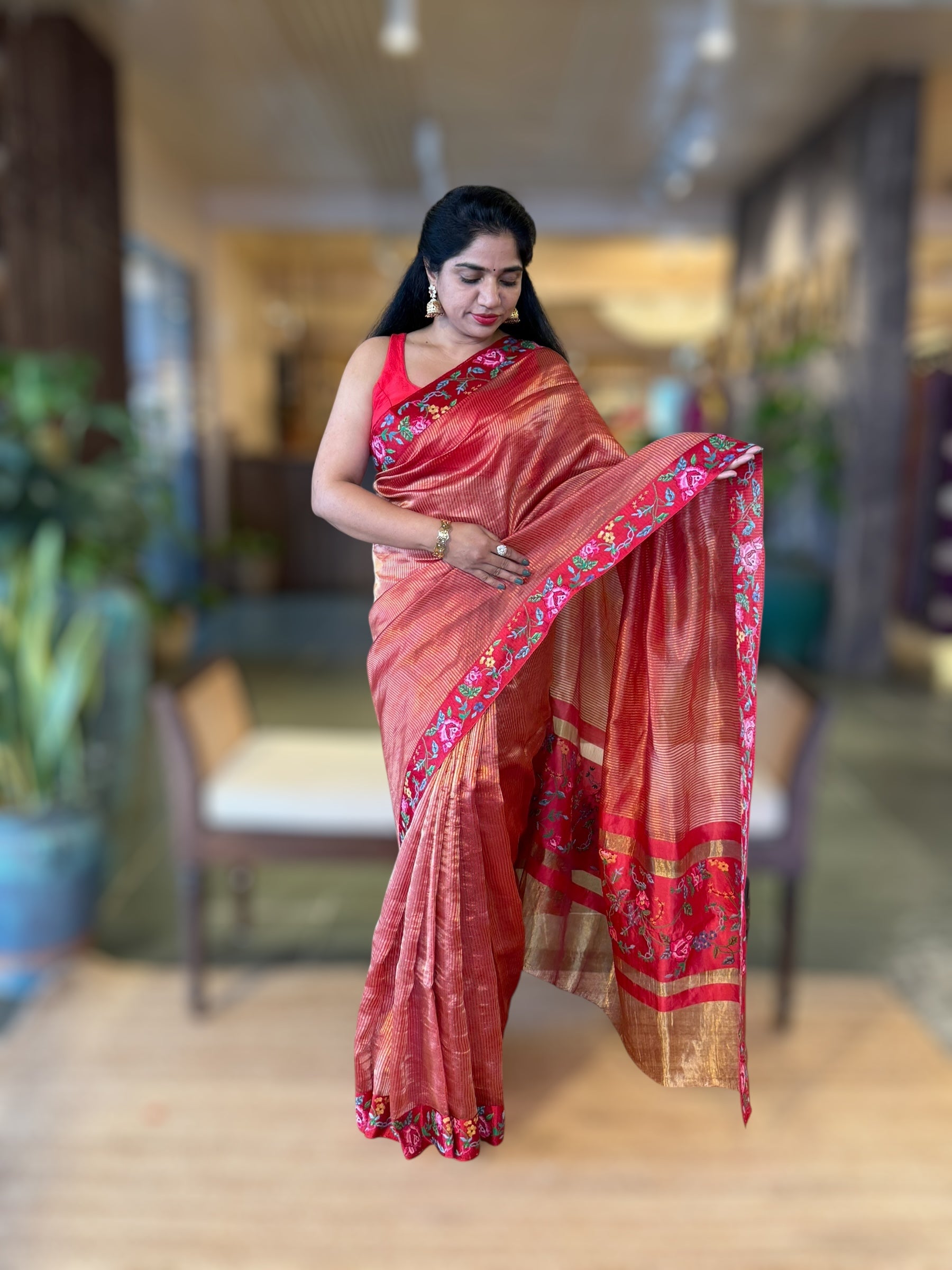 Red Kora Tissue Stripes Saree with Petite Point Embroidered Border Pallu & BP