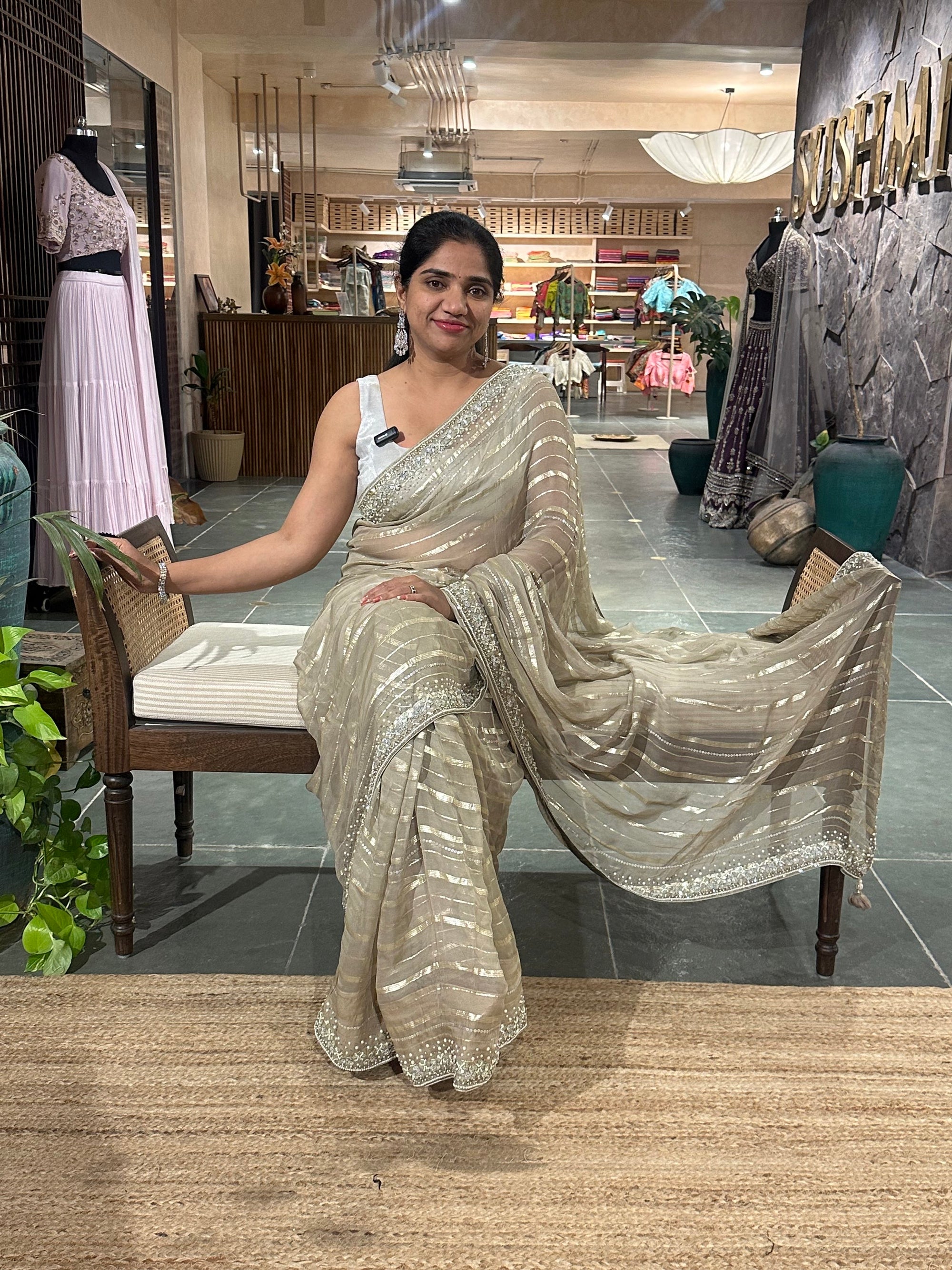 Earthy Tone Chiffon Handwork Saree with stitched happy iblouse