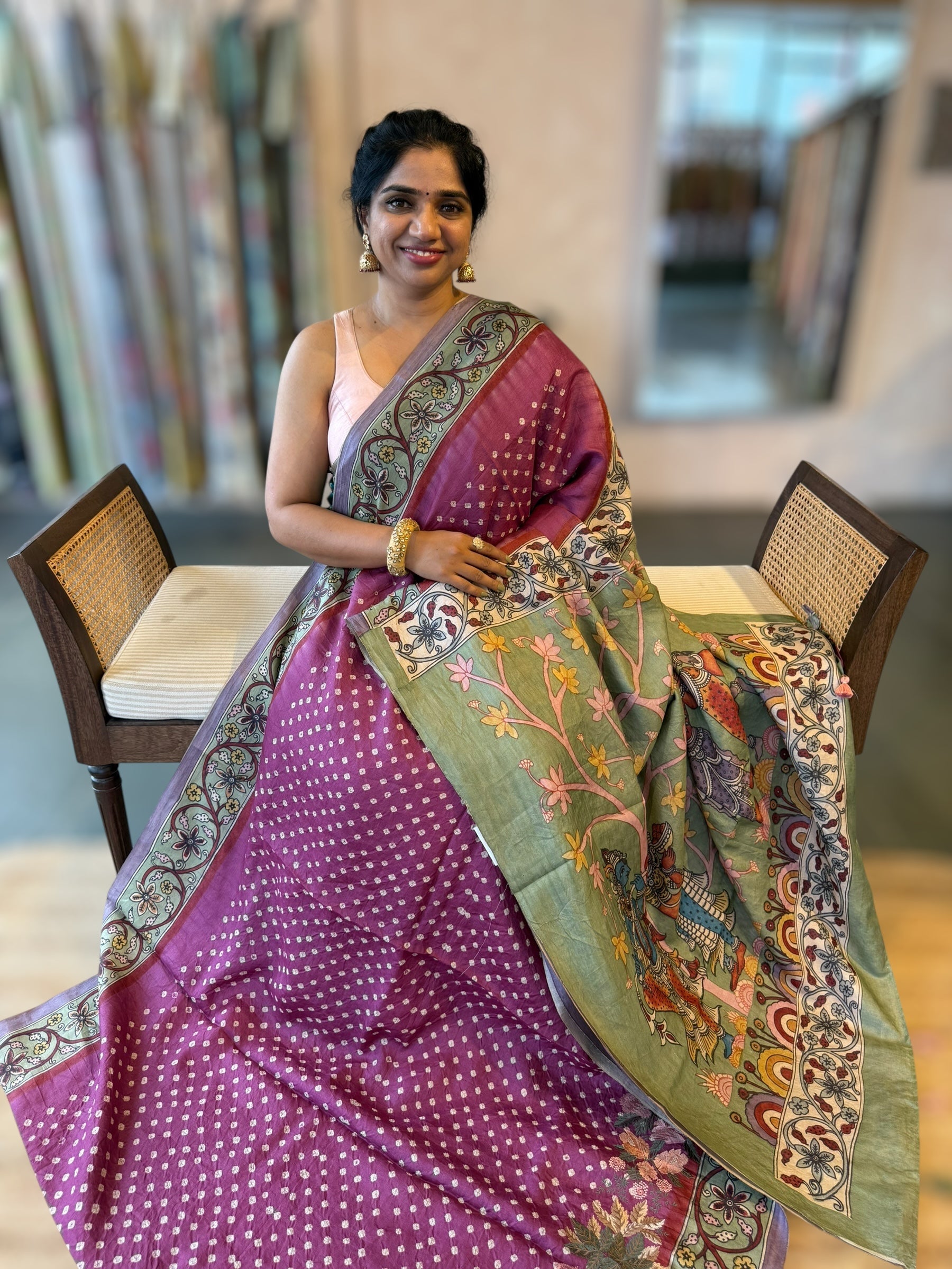 Tussar Bandhini Saree With Pen kalamkari Border & Petite Point Emb Blouse