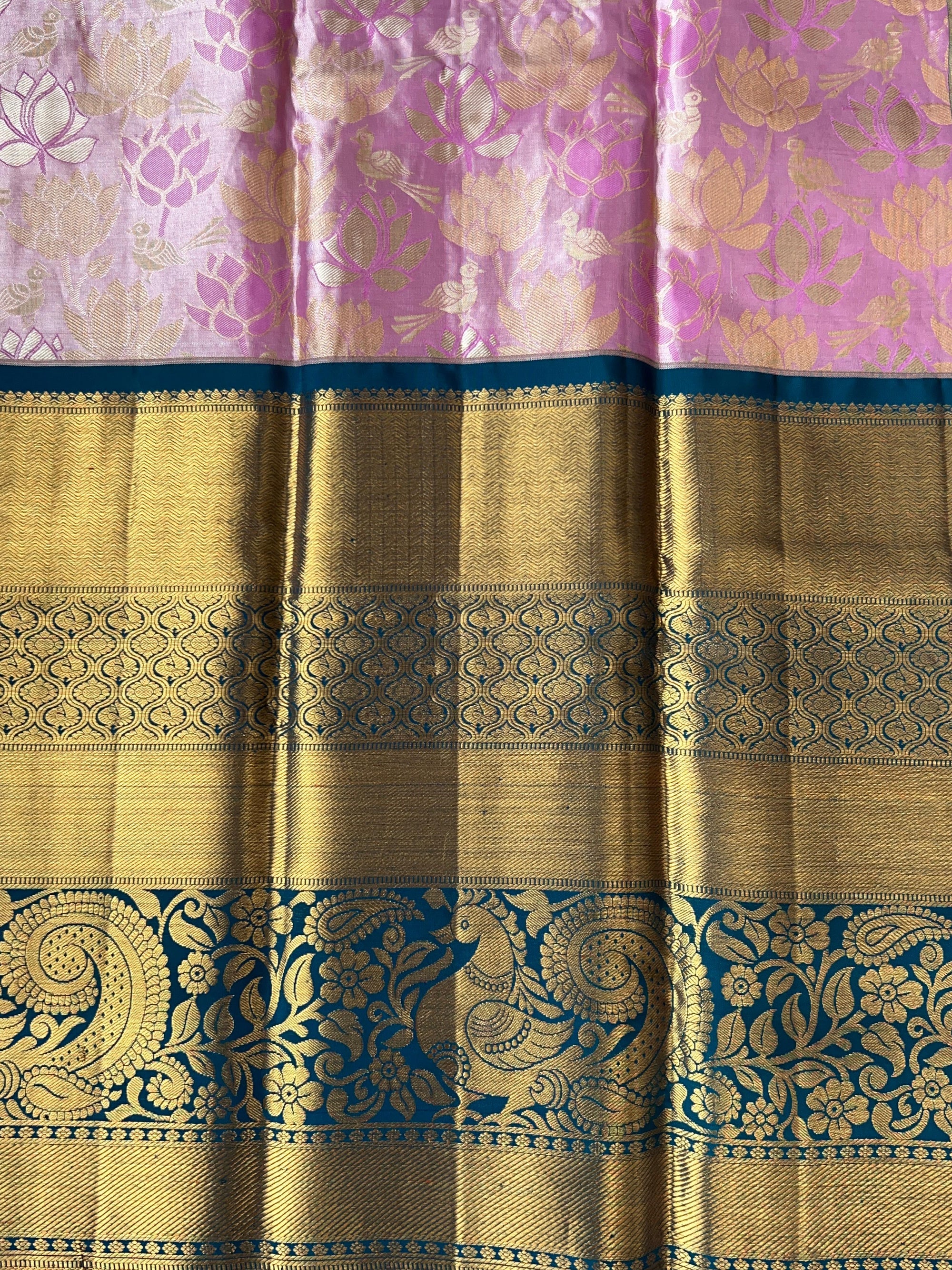 Lotus Pink & Peacock Blue Combo Pure Kanchi Tissue allover Brocade Saree