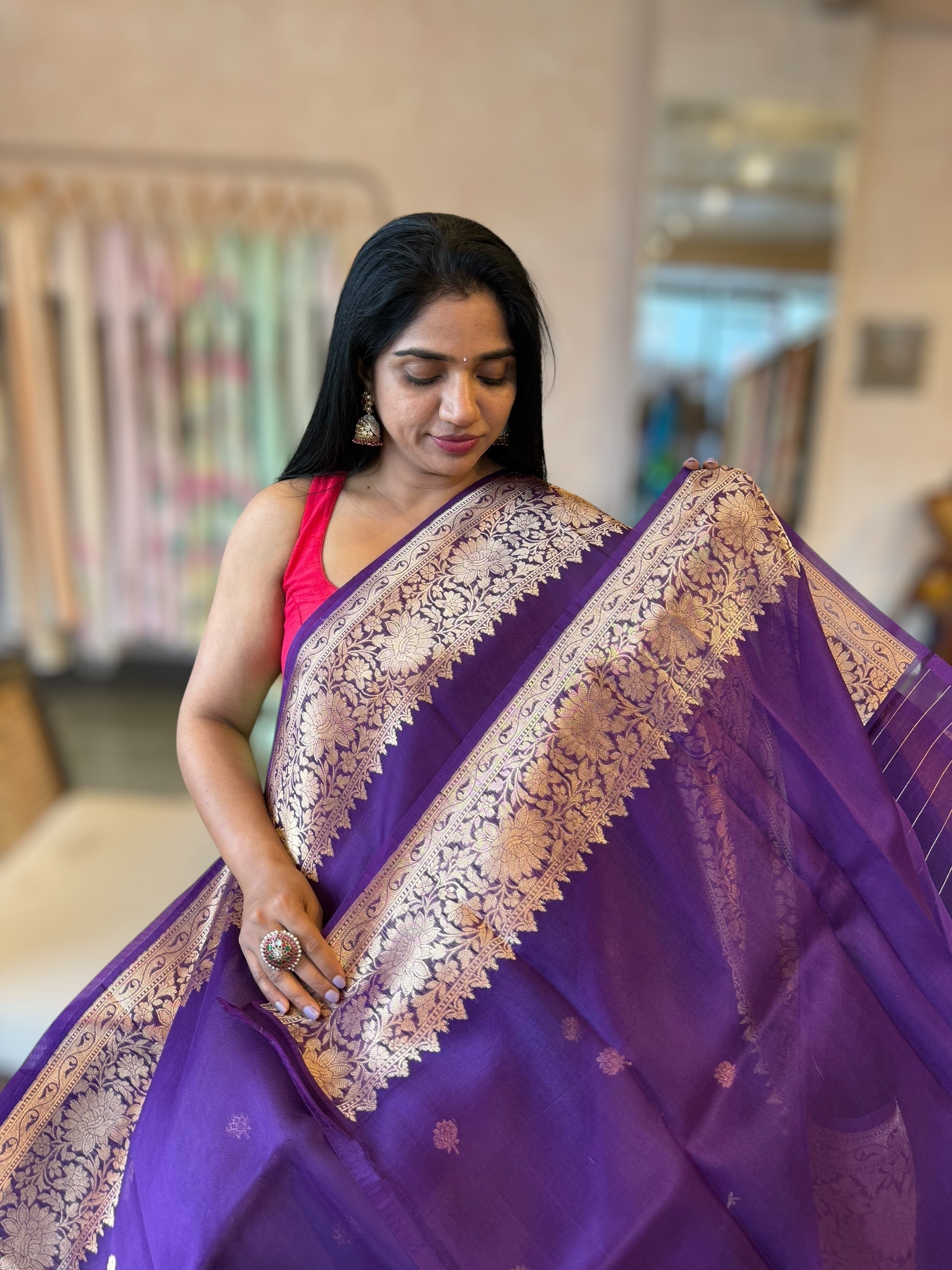 Violet Pure Handloom Kora Banarasi Saree With Kaduwa Woven Motifs