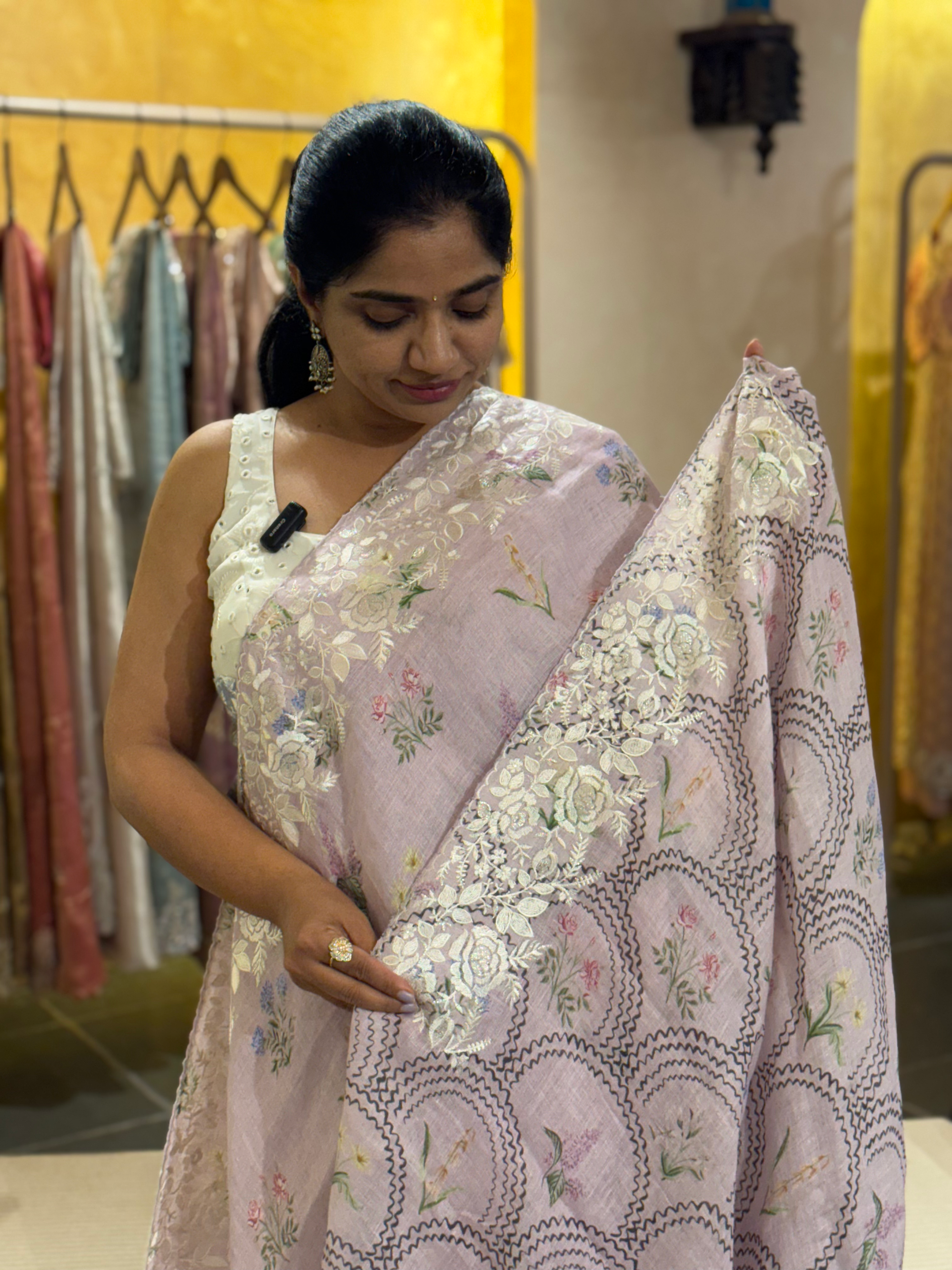 Lilac Pure Handloom Lenin Print Saree With  Parsi Gara Style Embroidery