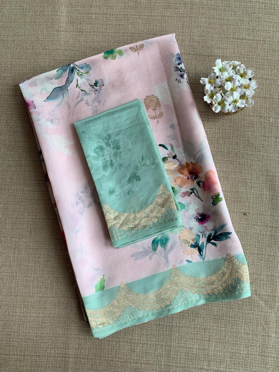 Banarasi Soft Silk Printed Saree With Scalloped Woven Zari Border