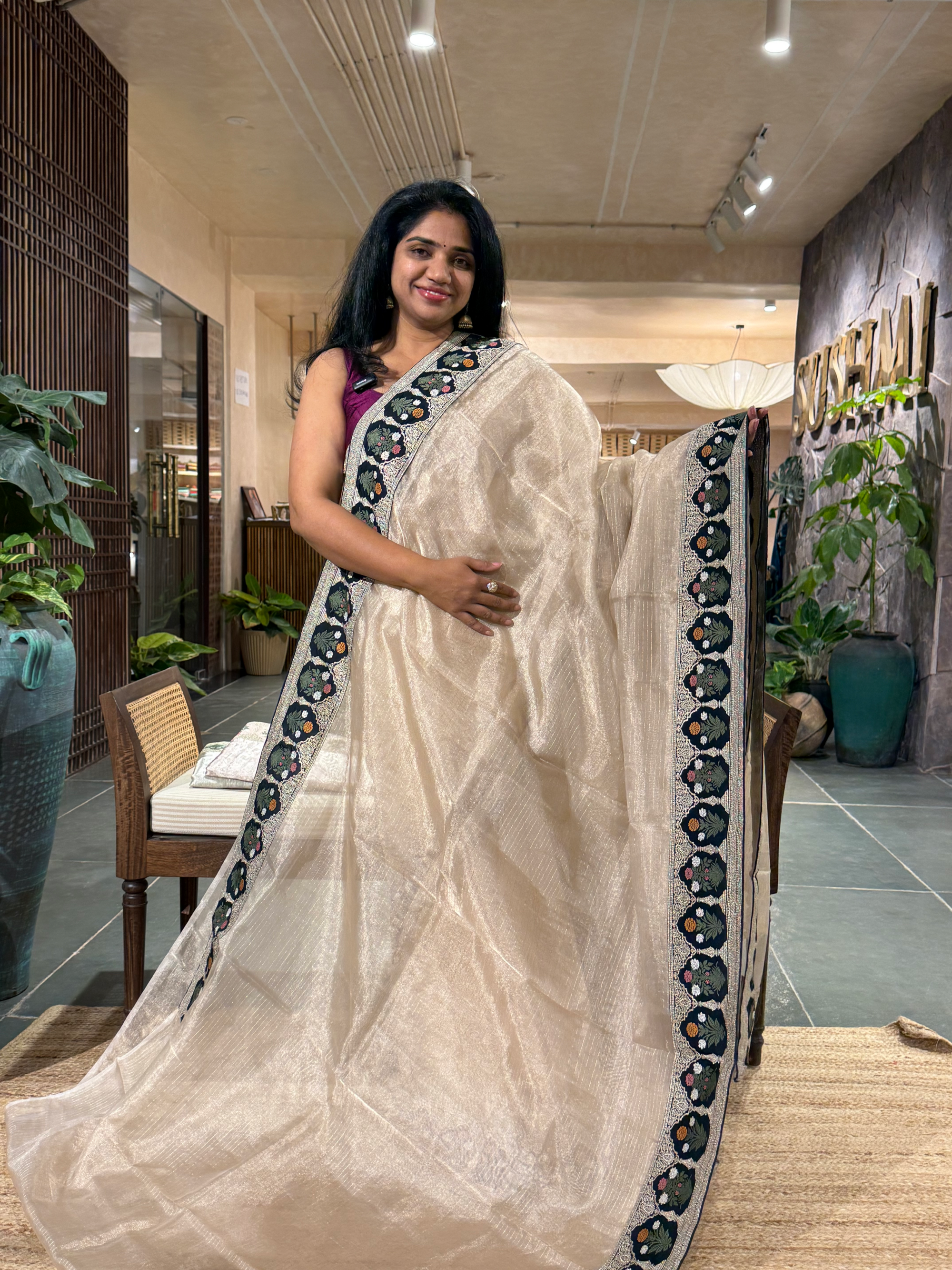 Beige Kora Tissue Stripes Saree With Midnight  Blue Sabyasachi Borders & Blouse