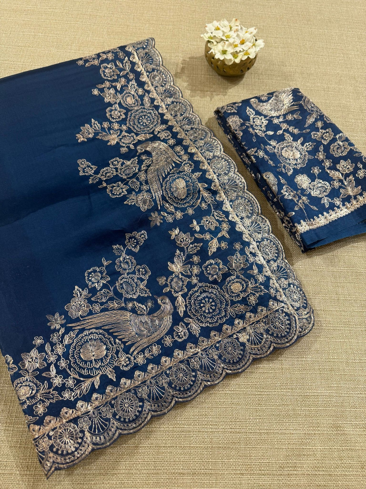 Midnight blue Pure organza Saree with pita emb