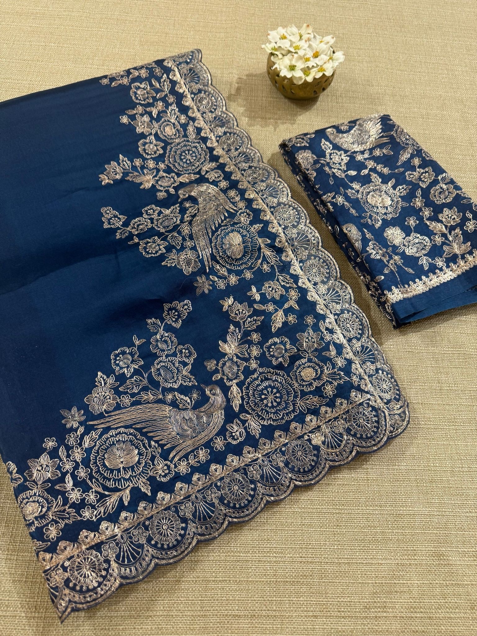 Midnight blue Pure organza Saree with pita emb