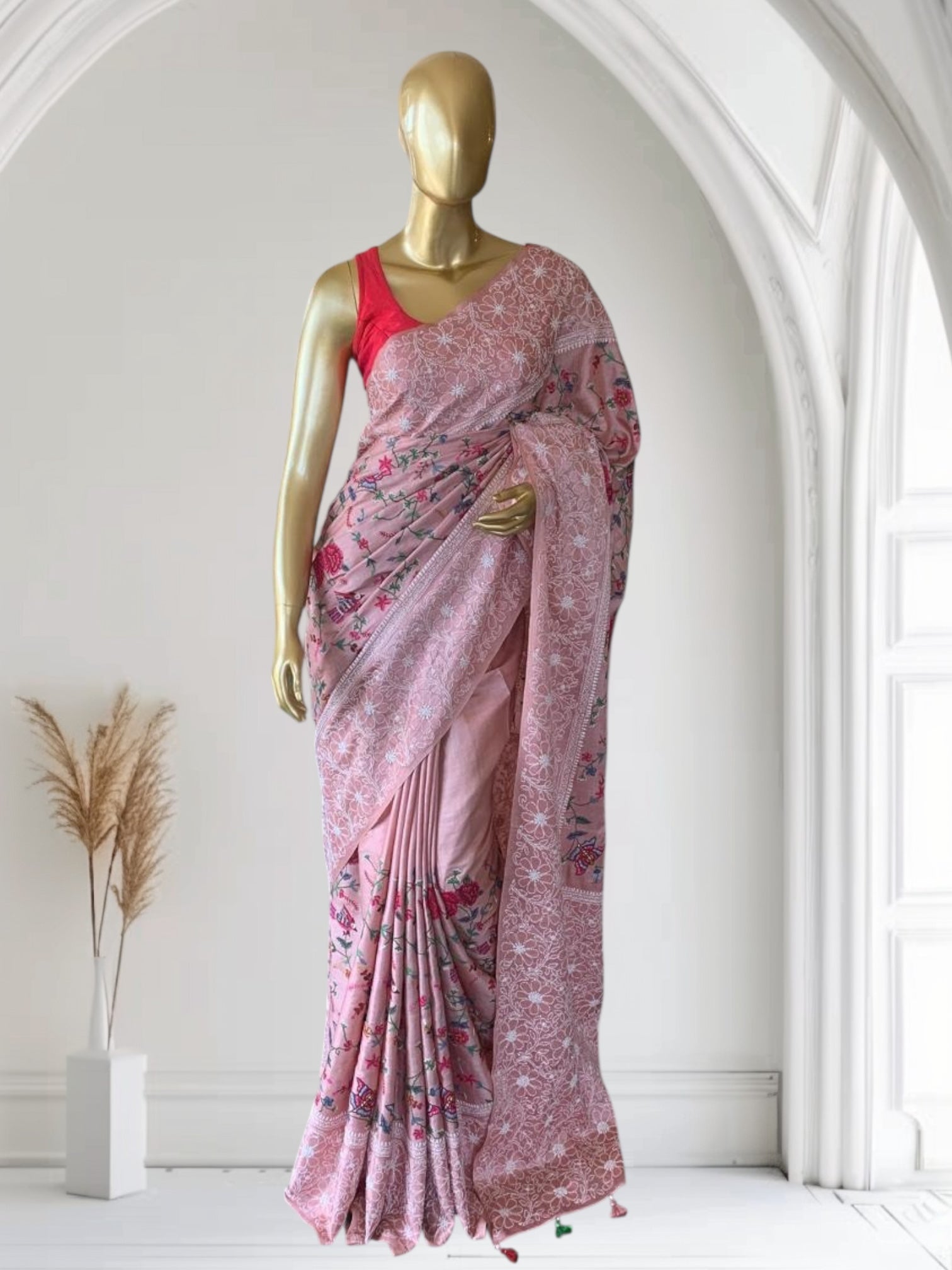 Tussar Saree With Petite Point Embroidered body & Hand lucknowi border & Pallu