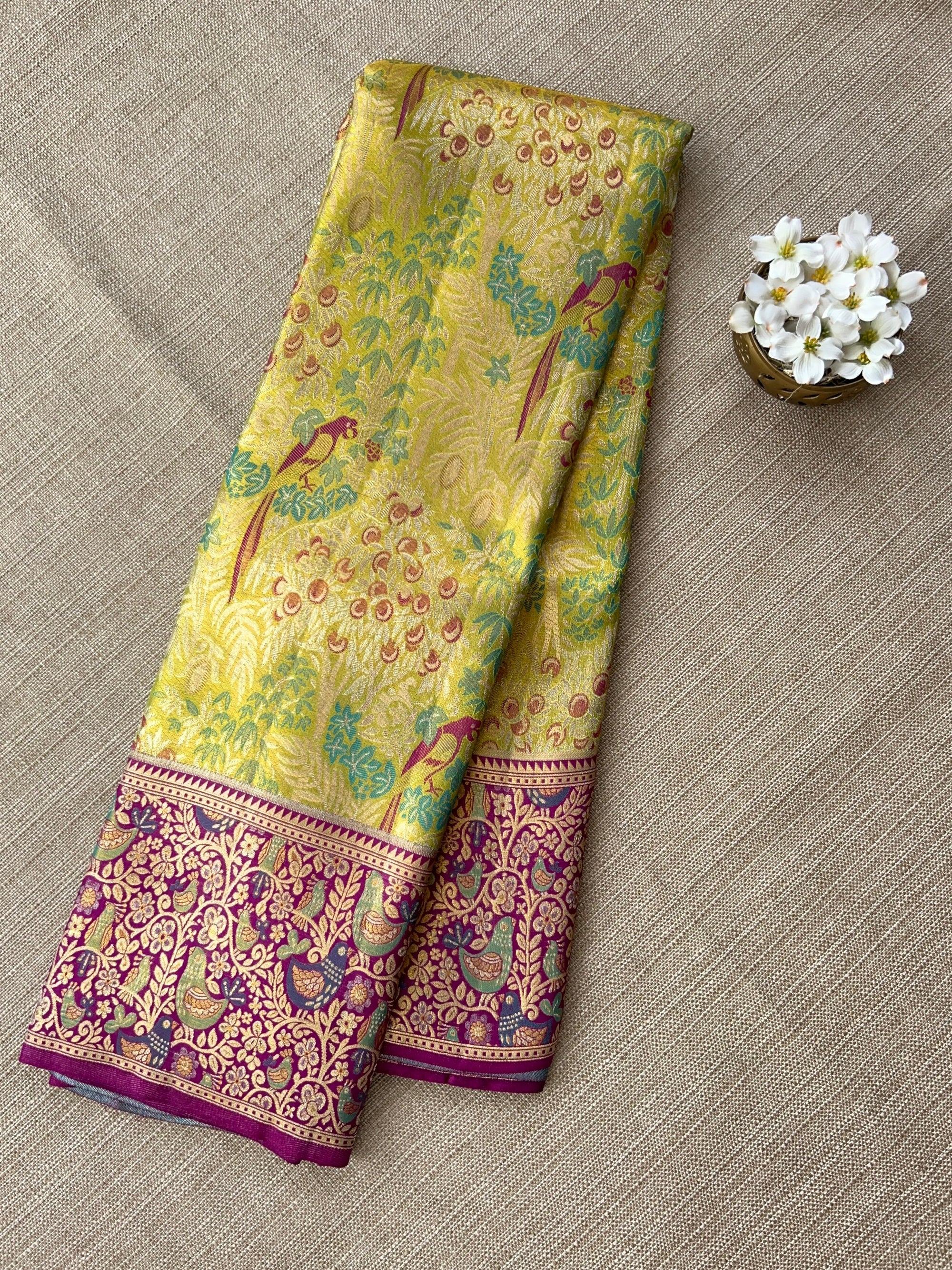 Lime Green Tissue Kanchi Pattu Saree with Meenakari Parrot Motifs