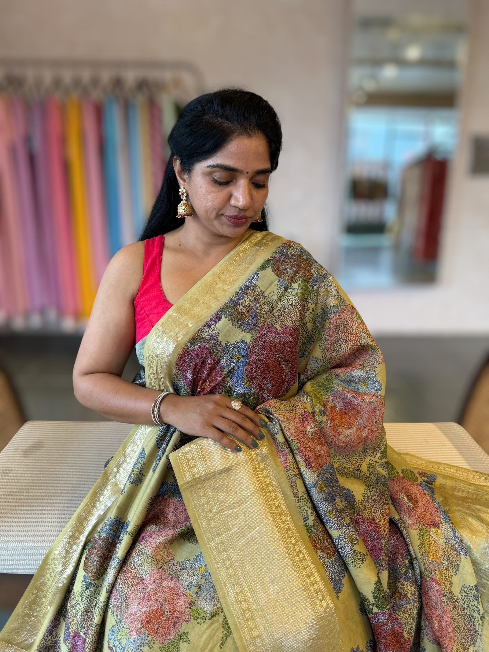 Light Olive Pista Chiniya Silk Saree With Petite Point  Emb Style Print