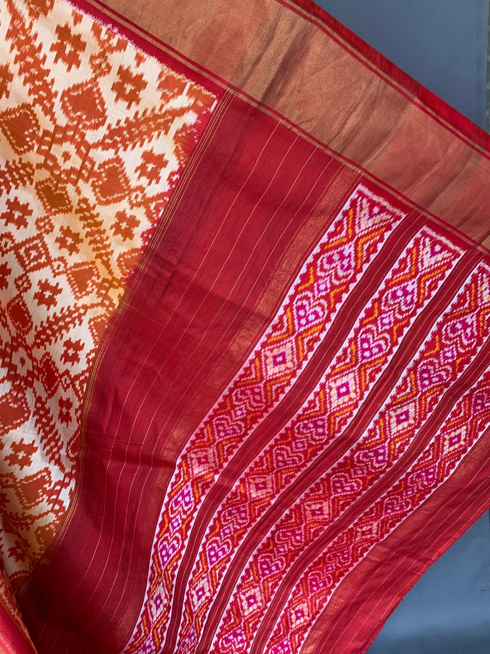 Pure Handloom Twill Ikkath Patola Saree With Khaddi Border & Handwork Blouse