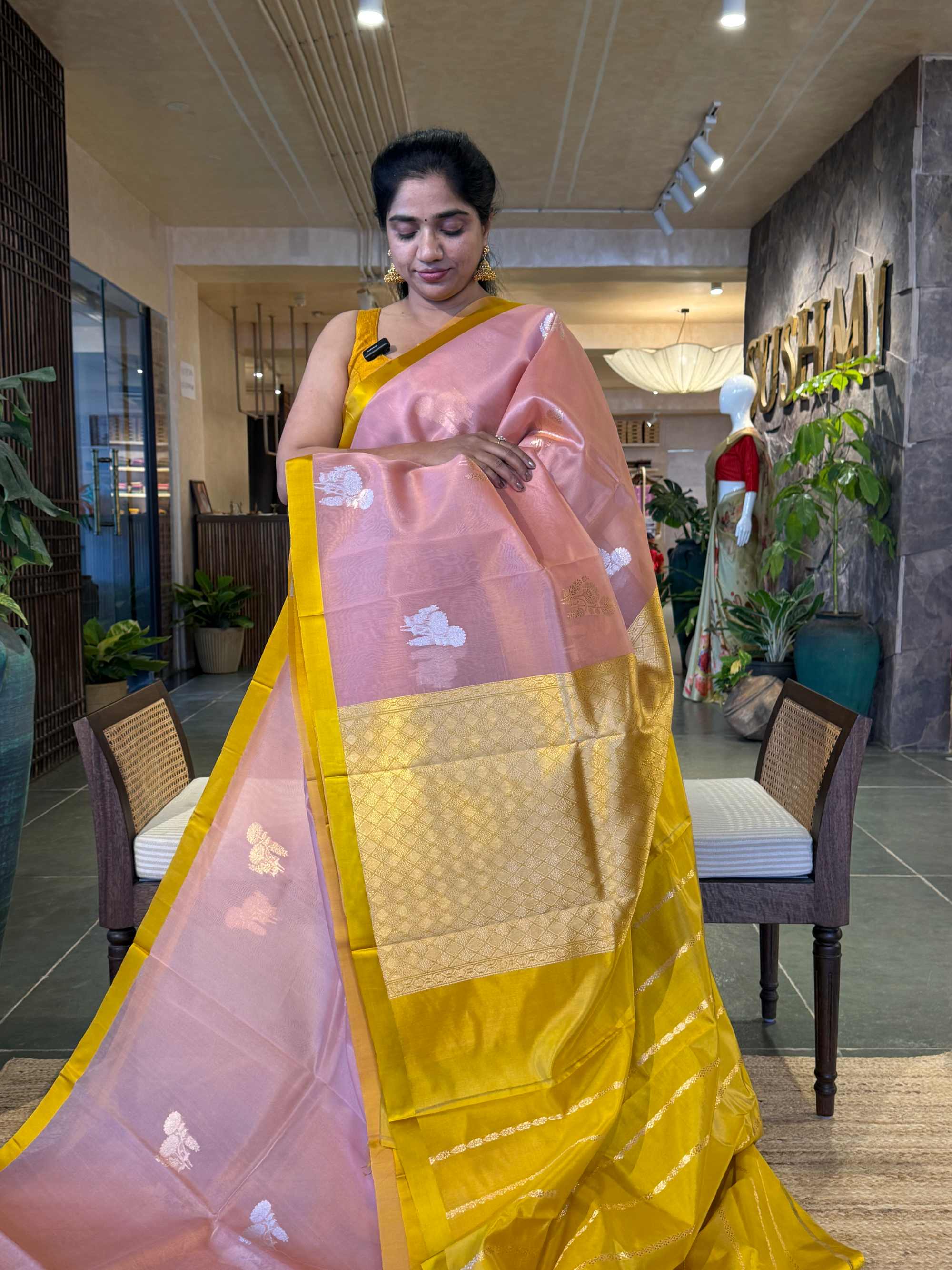 Peach Pink Pure Handloom kora banarasi saree with contrast Mashru  Silk Border