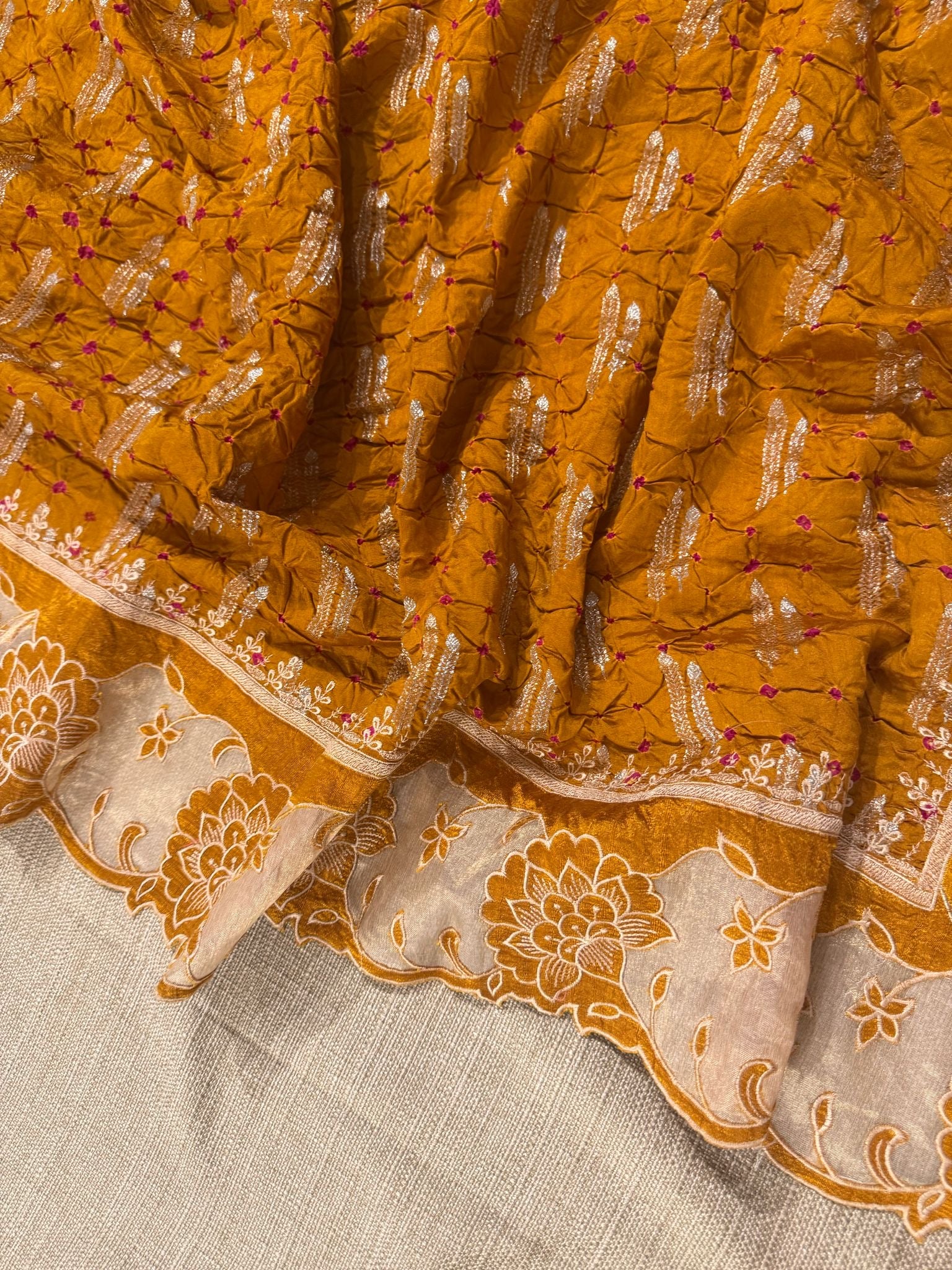 Banarasi Handloom Chiniya Silk Bandhini with Tissue Applique