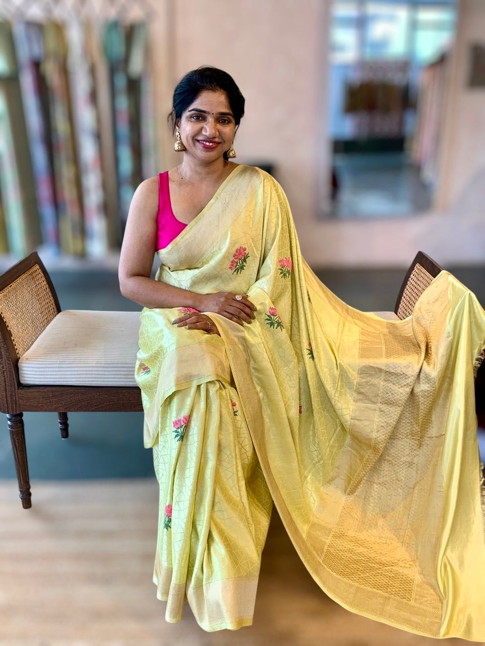 Lime Green Designer Banarasi Mashru Silk Saree with Petite Point Embroidered flo