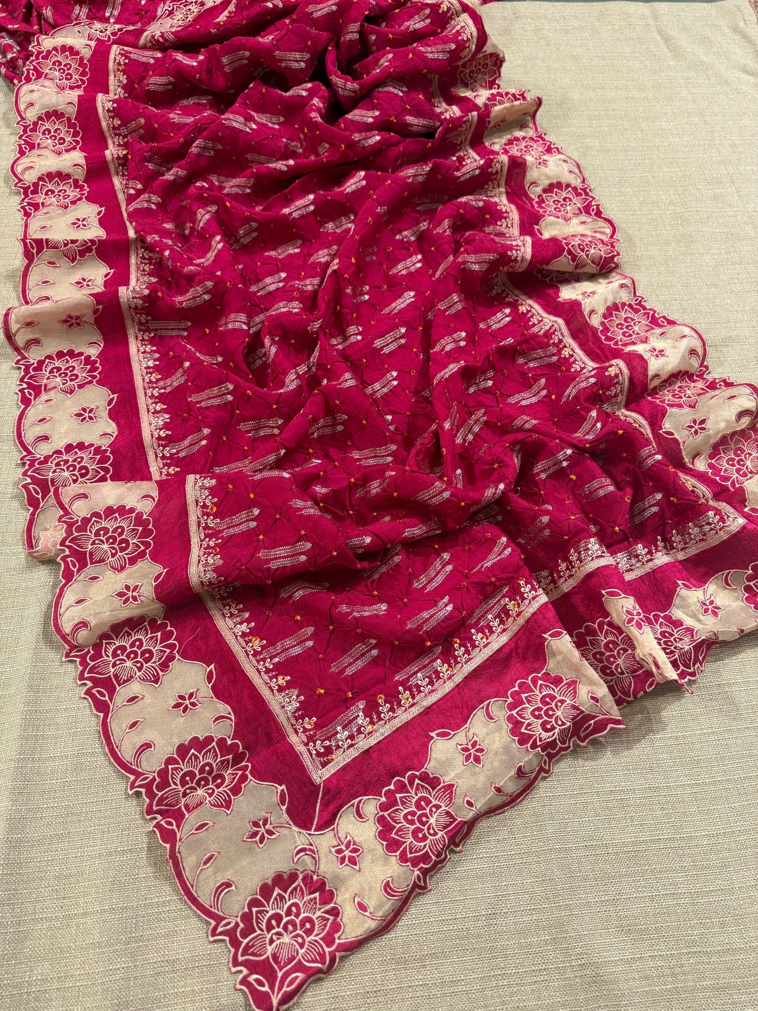 Banarasi Handloom Chiniya Silk Bandhini with Tissue Applique