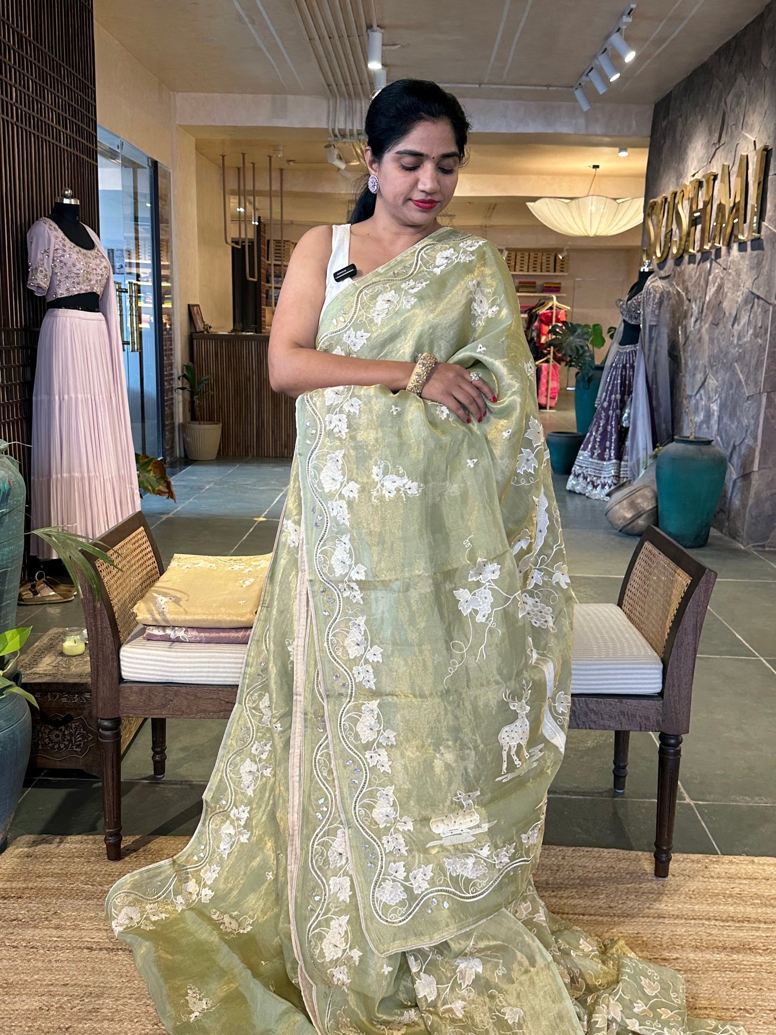 Pista Tissue saree with allover embroidery and handwork highlighting .