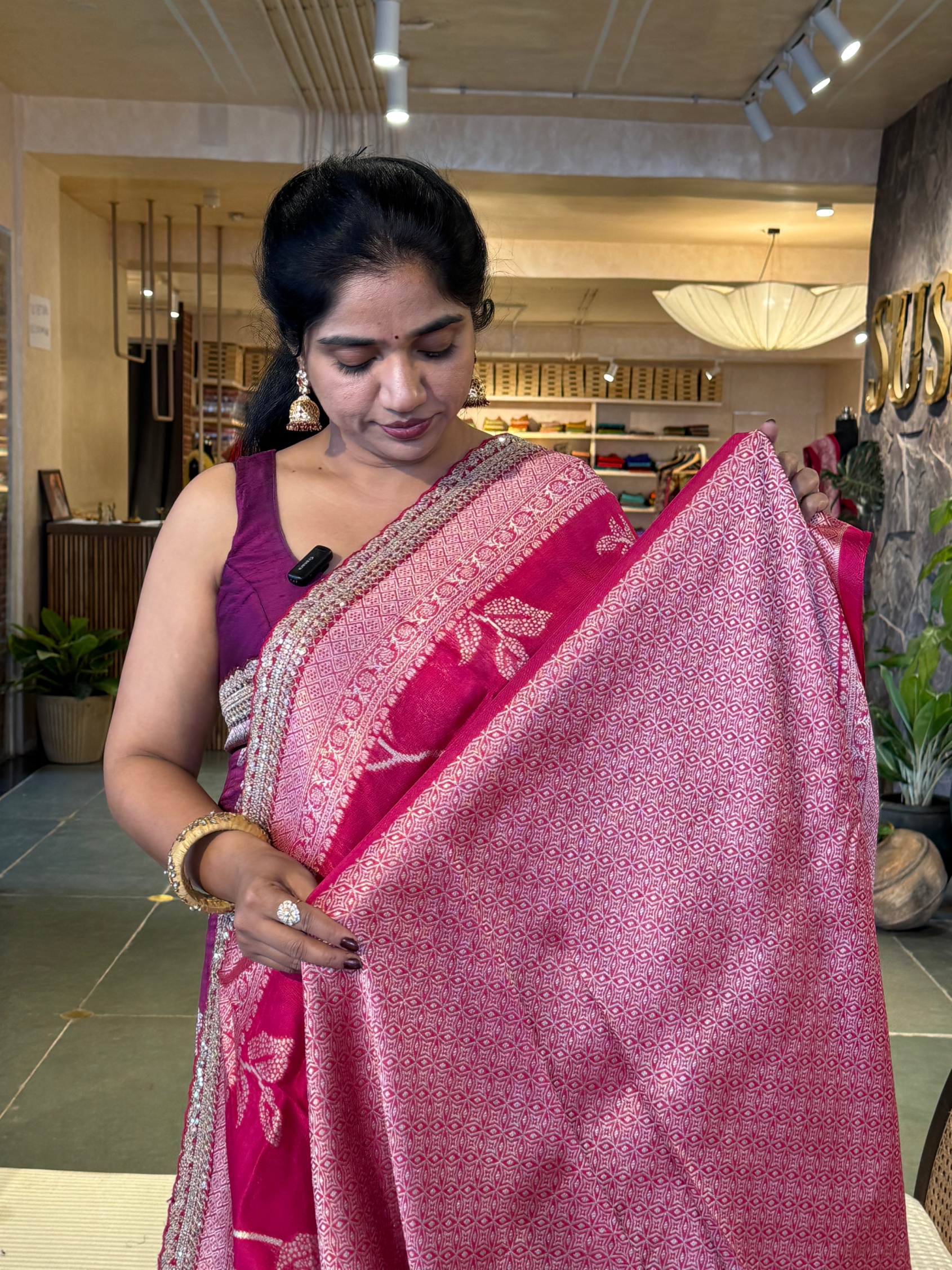 Rani Pink Tussar Khaddi Saree wth Allover weaving & sabhyasachi borders STKM15