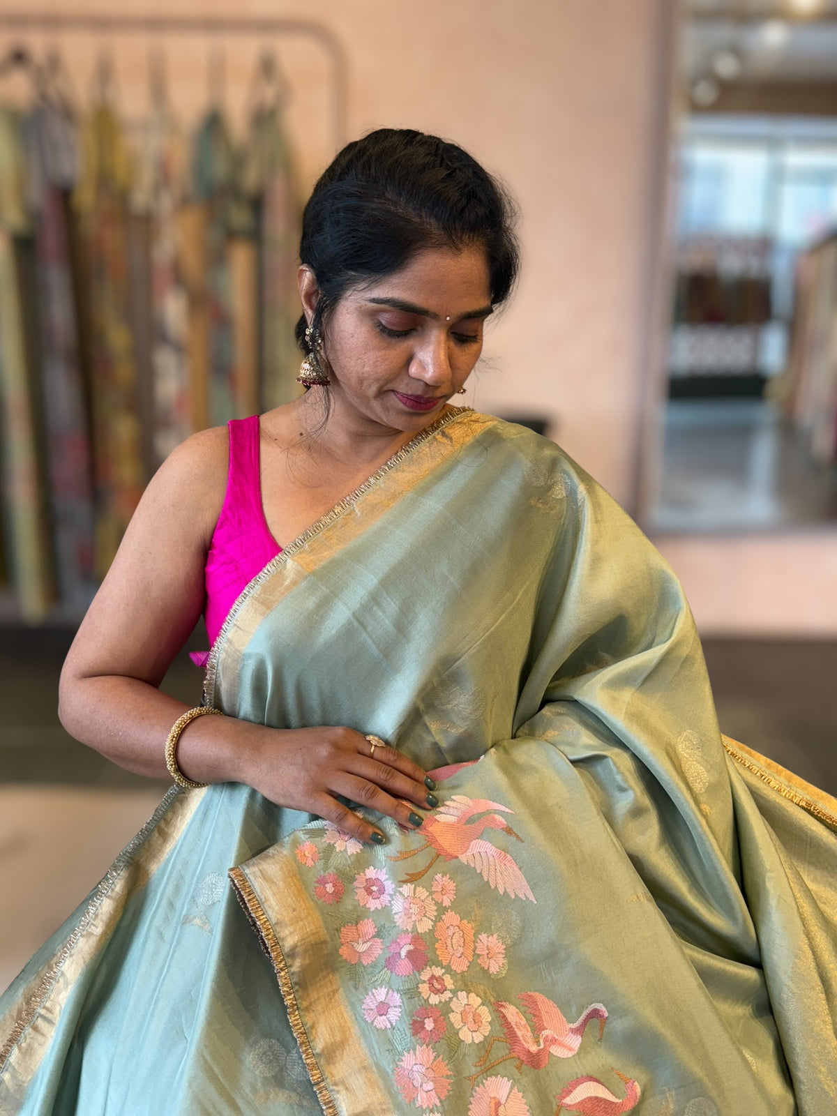Mint Green Kanchi Silk Saree in  With Beautiful Parsi Gara  Embroidered Border