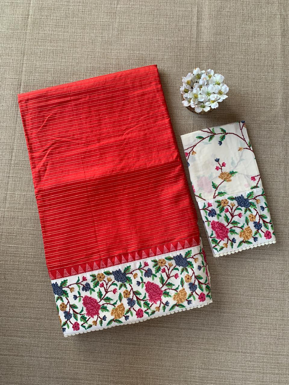 Red Kanchi Soft Silk Saree With Petite Point Embroidered Border Pallu & Blouse