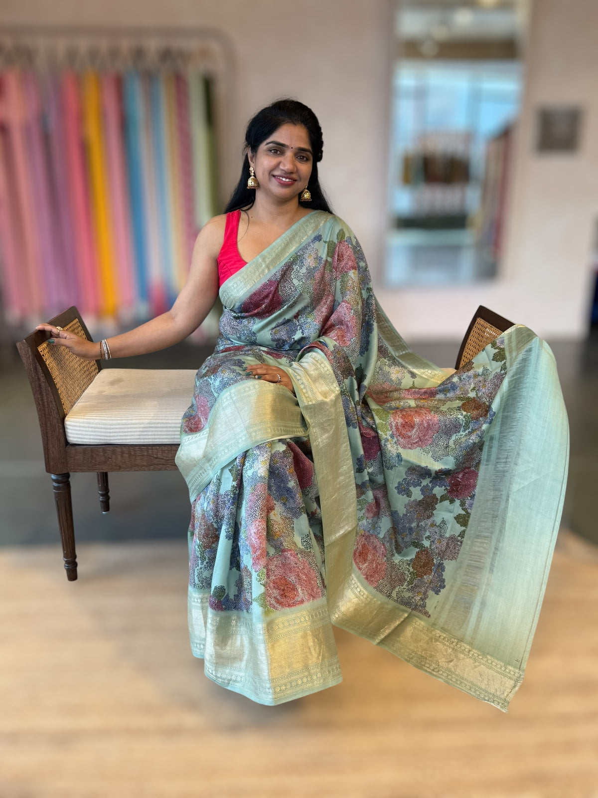 Pista Chiniya Silk Saree With Petite Point  Emb Style Print