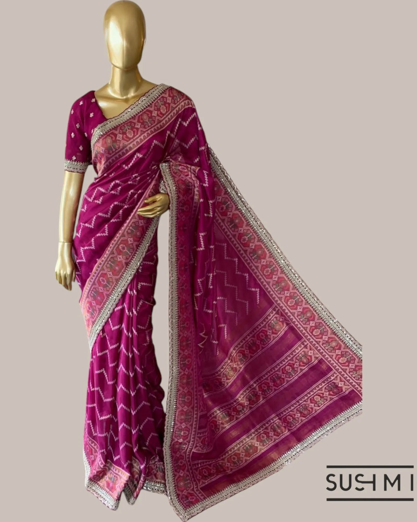 Majenta Tussar Silk Gorgette Saree in Ikkath Patola style Chevron body and Patol