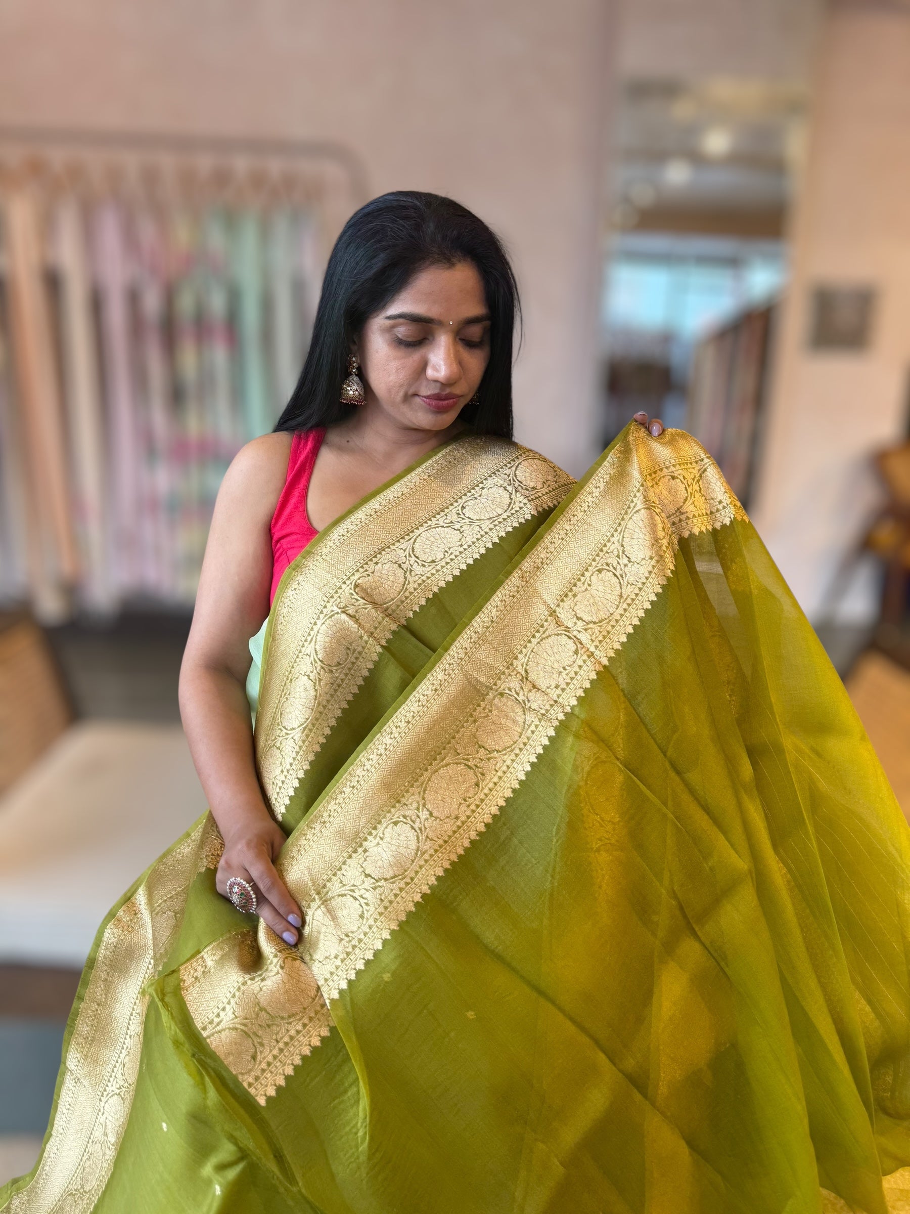 Moong Dal Green Pure Handloom Kora Banarasi Saree With Kaduwa Woven Motifs